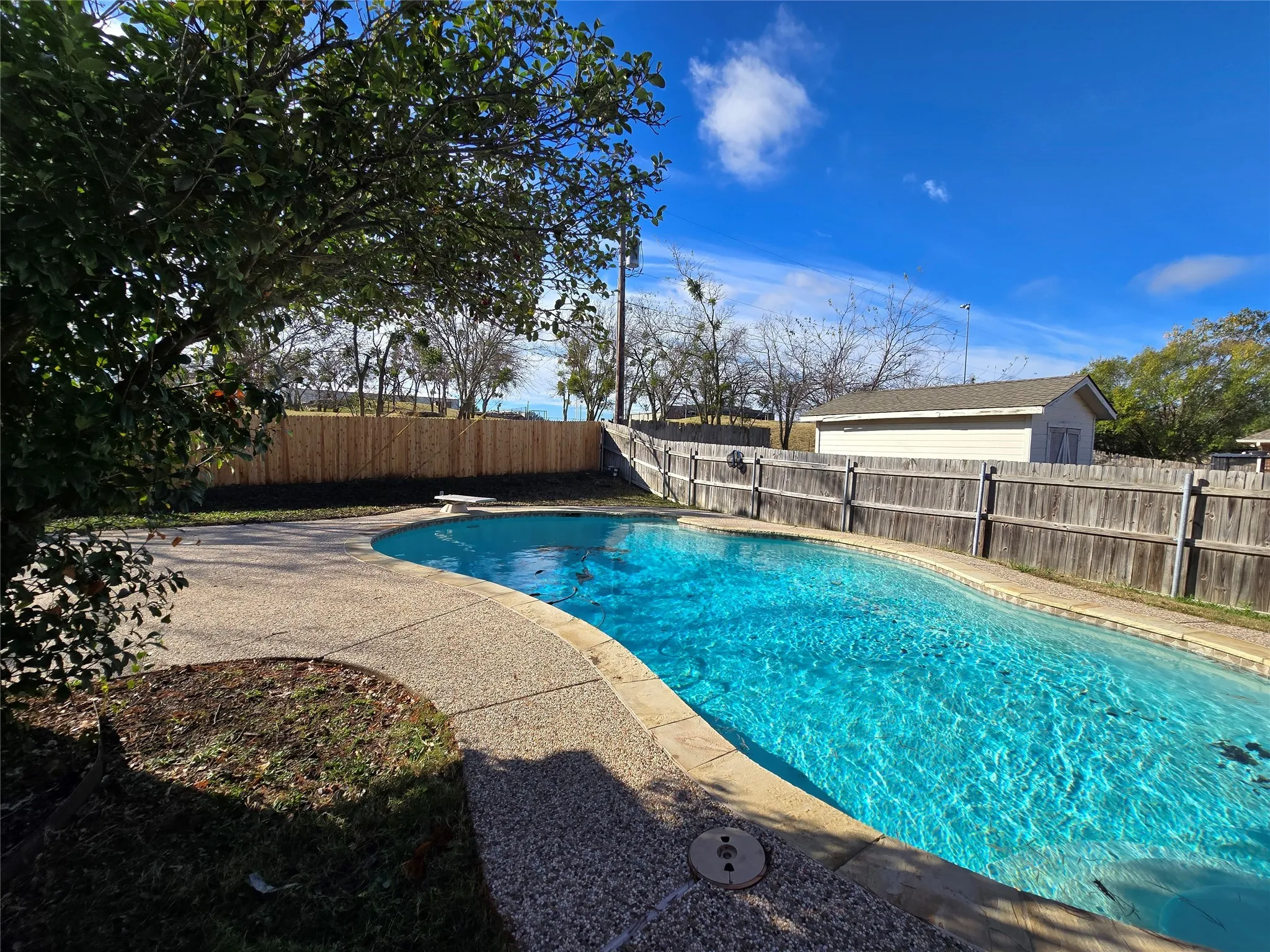 View of swimming pool featuring a fenced backyard, a diving board, and a patio area