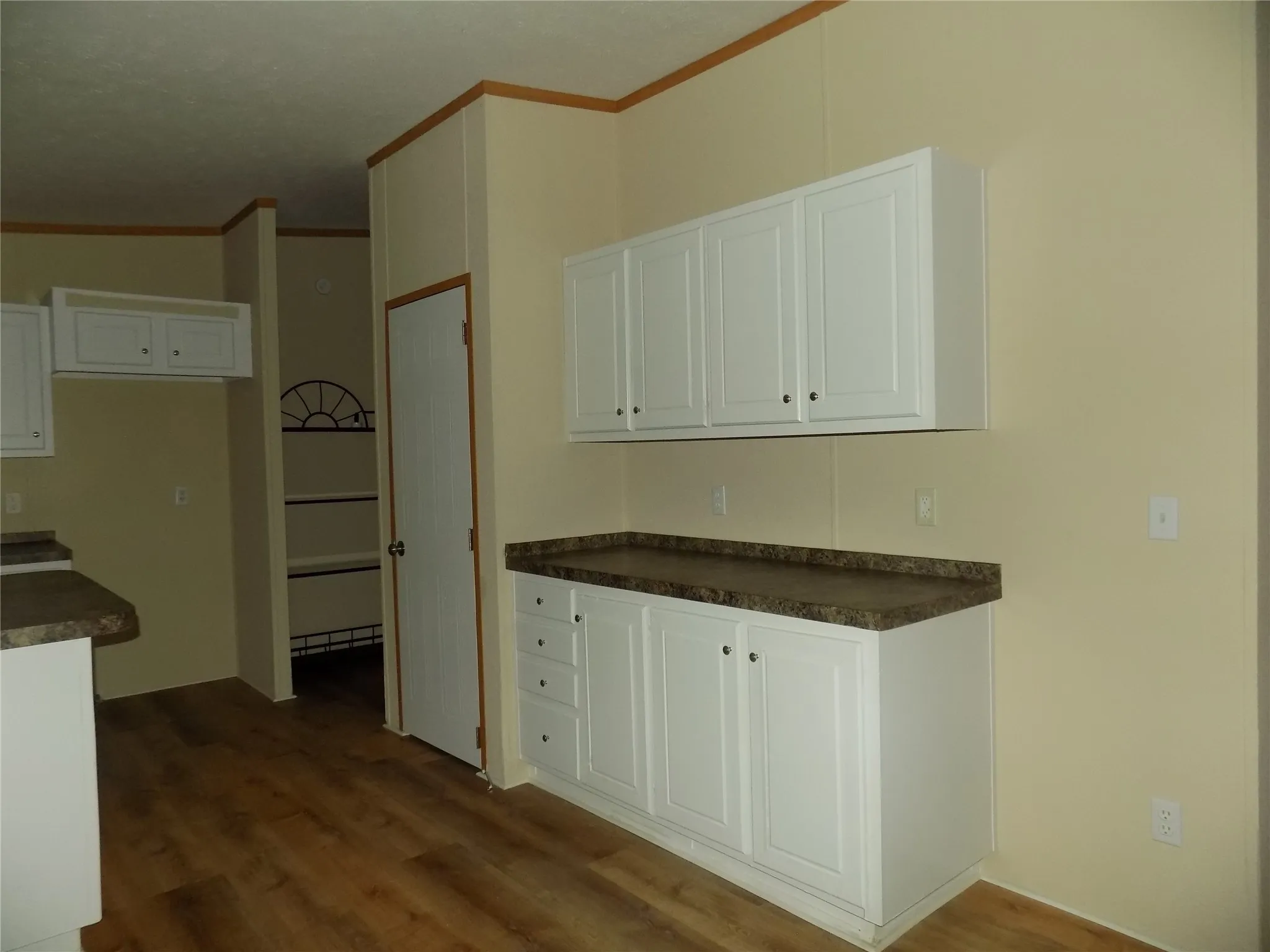 Kitchen with dark countertops, white cabinets, dark wood-type flooring, and ornamental molding