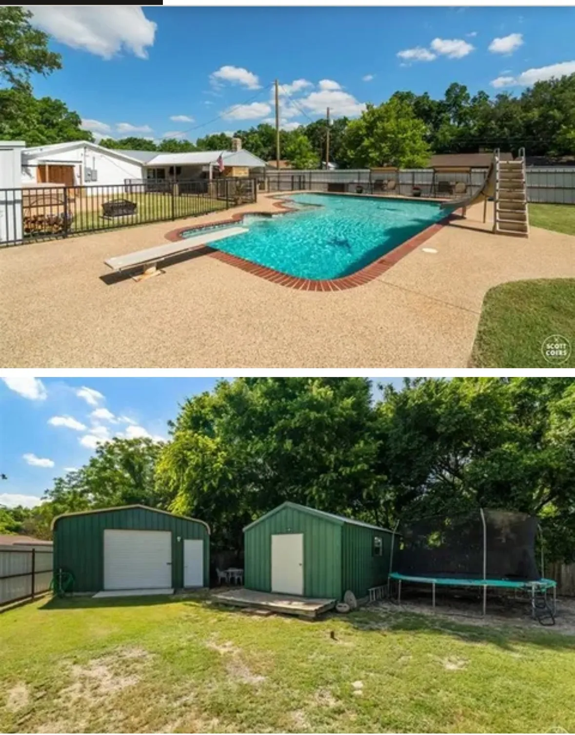 View of swimming pool featuring a fenced backyard, a diving board, an outdoor structure, and a patio