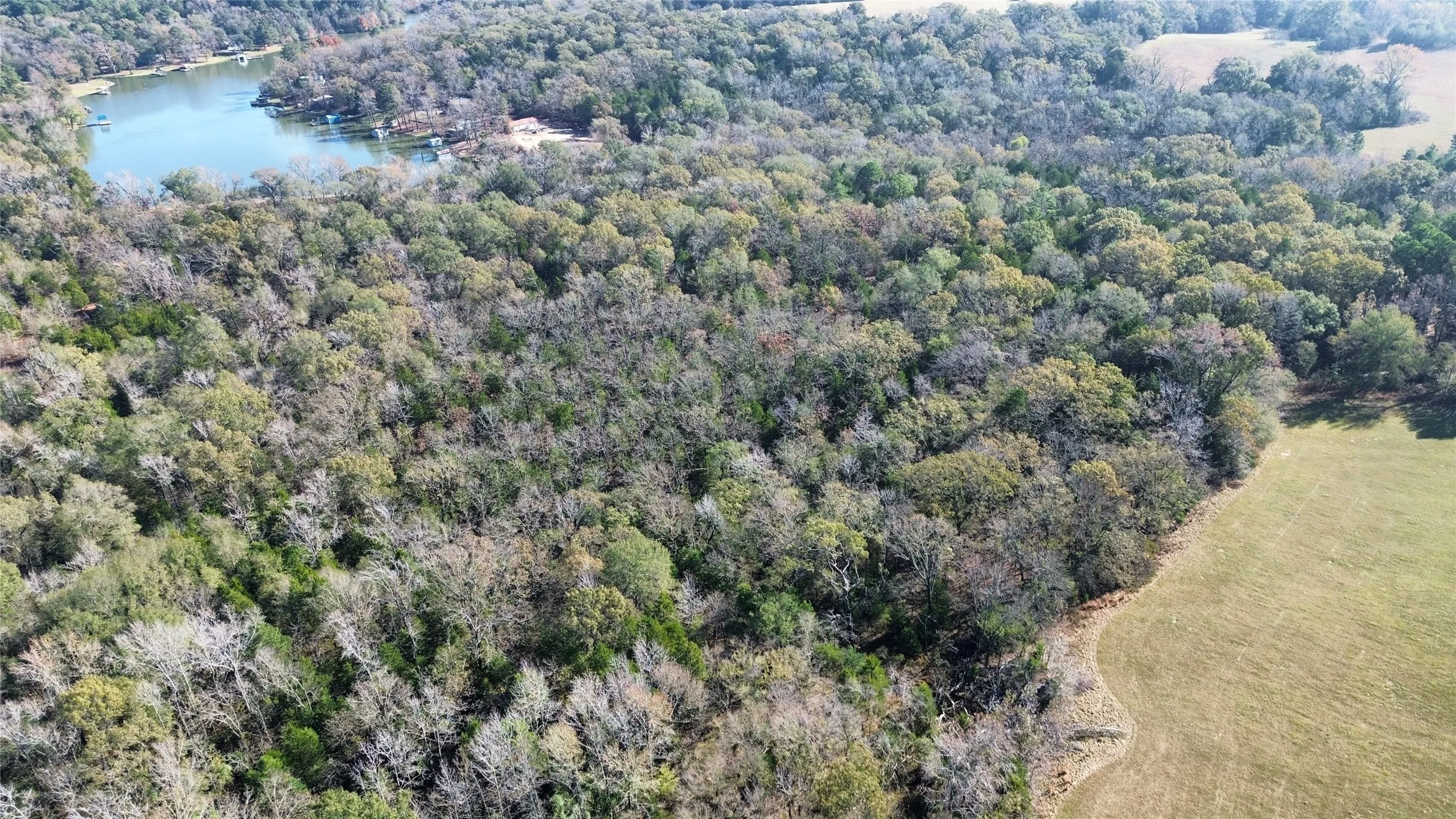 Aerial view of property and surrounding area with a large body of water and a forest