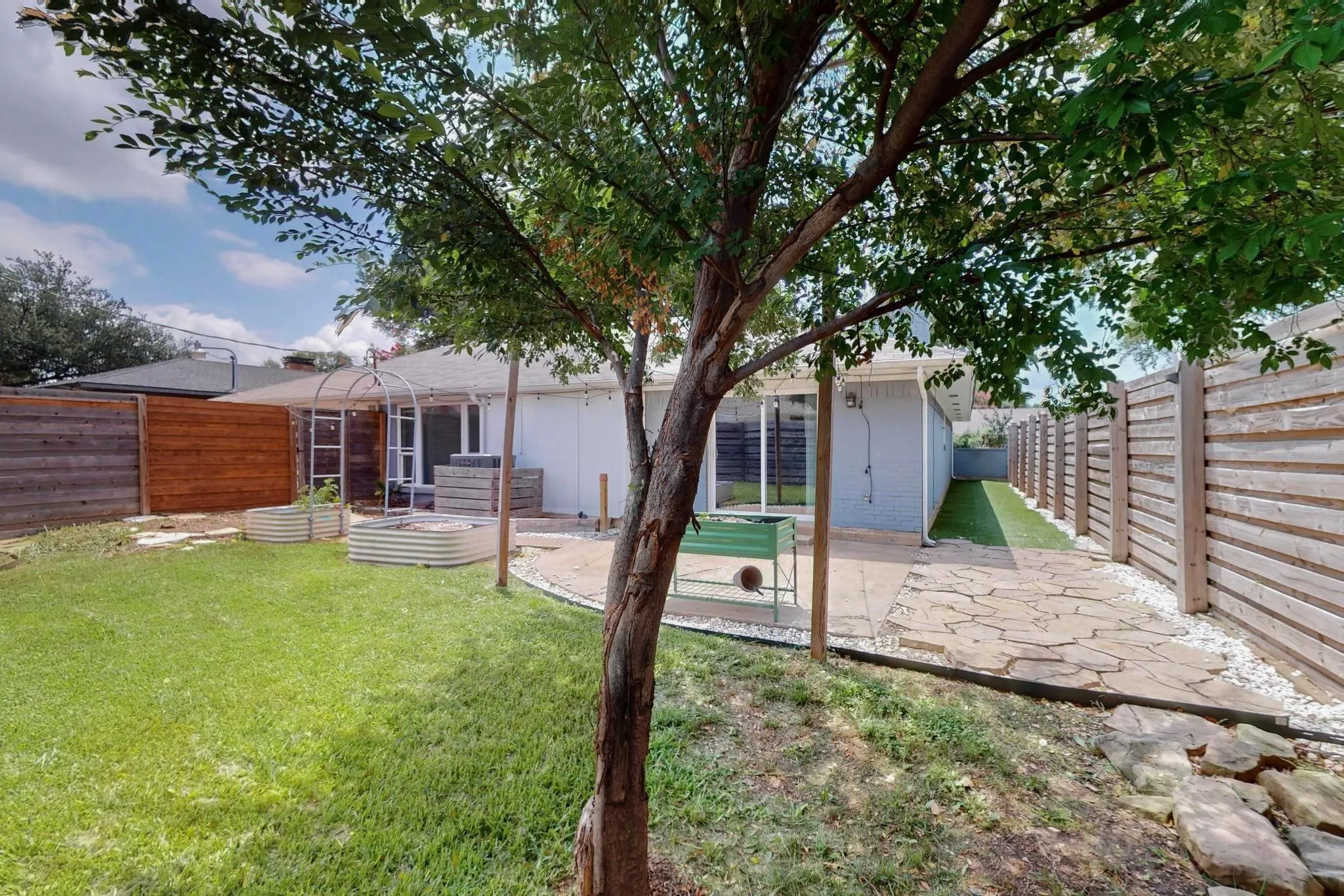 Back of property with a fenced backyard, a patio area, and brick siding