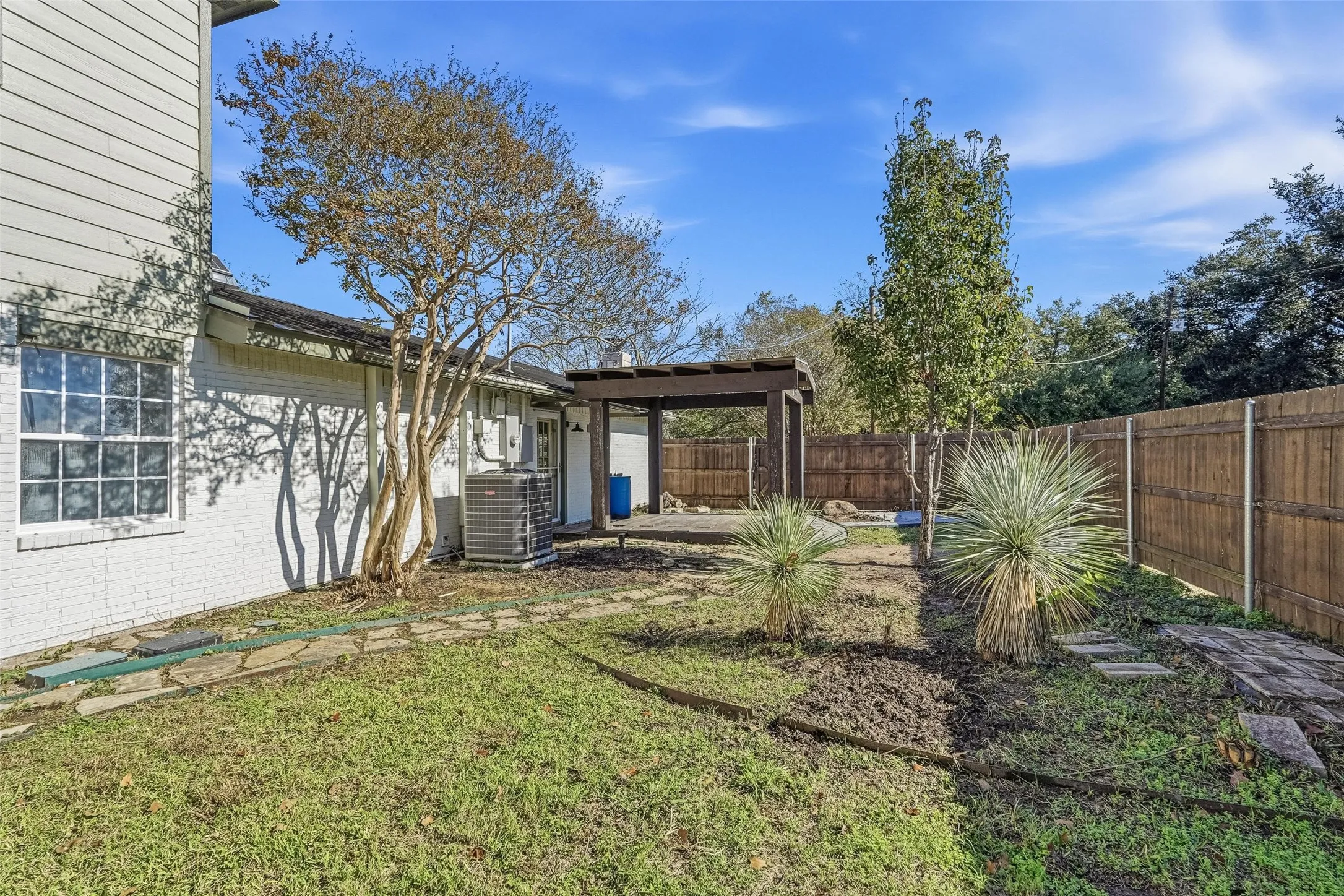 Fenced backyard with a patio area