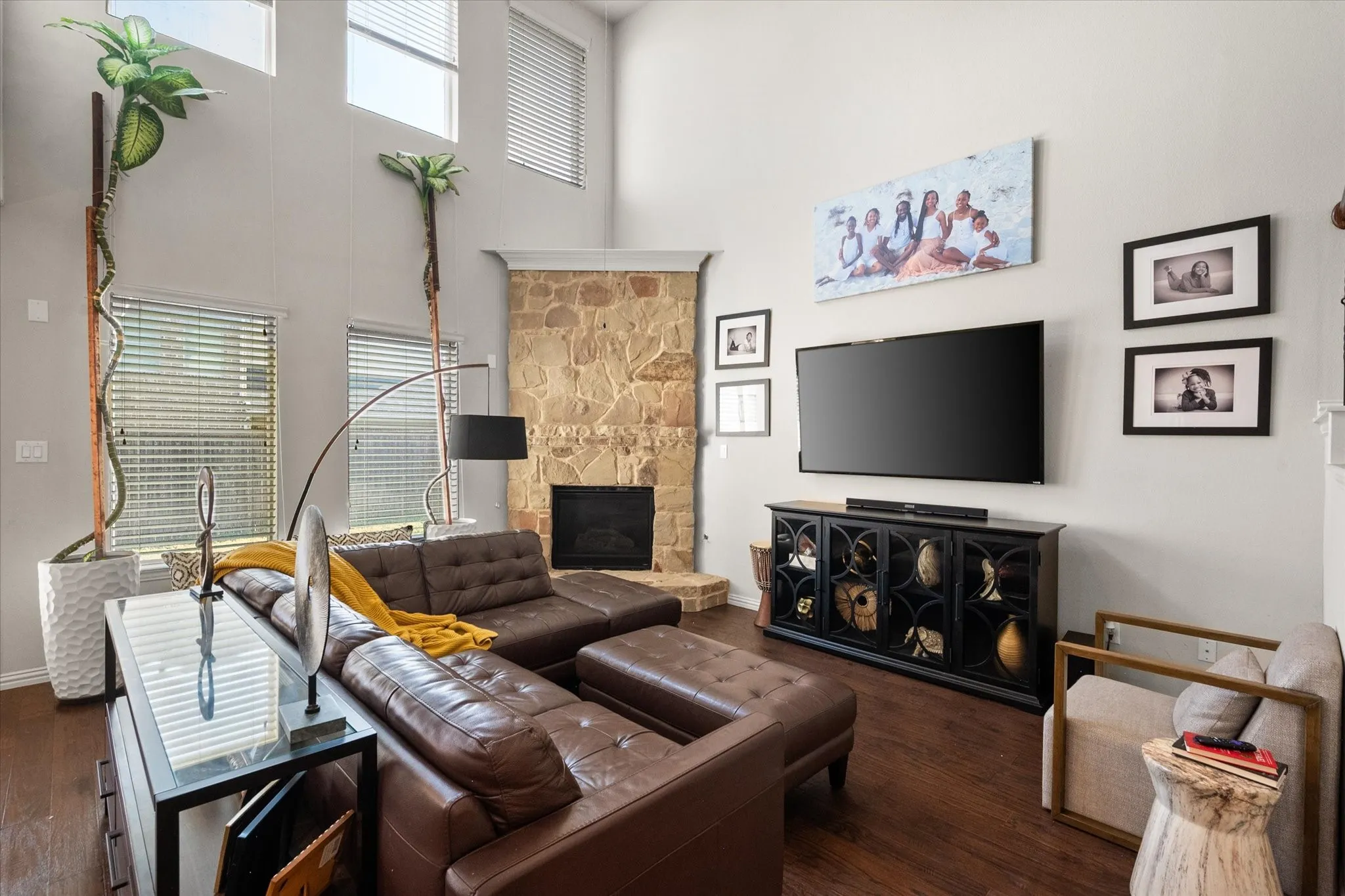 Tons of natural light through all the windows and a beautiful feature-piece fireplace