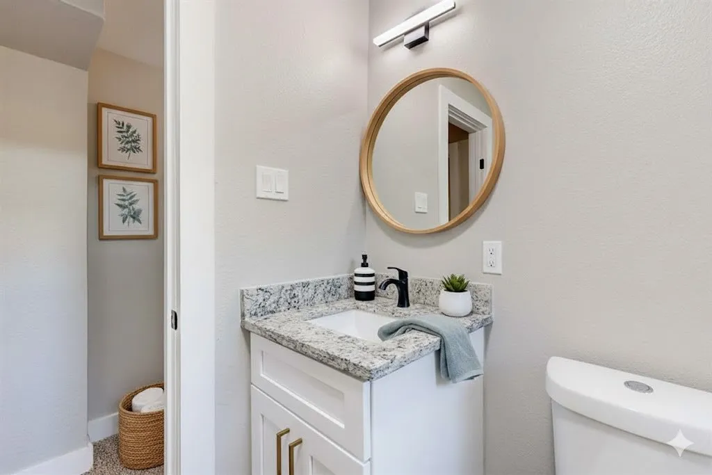 Bathroom featuring vanity and a textured wall