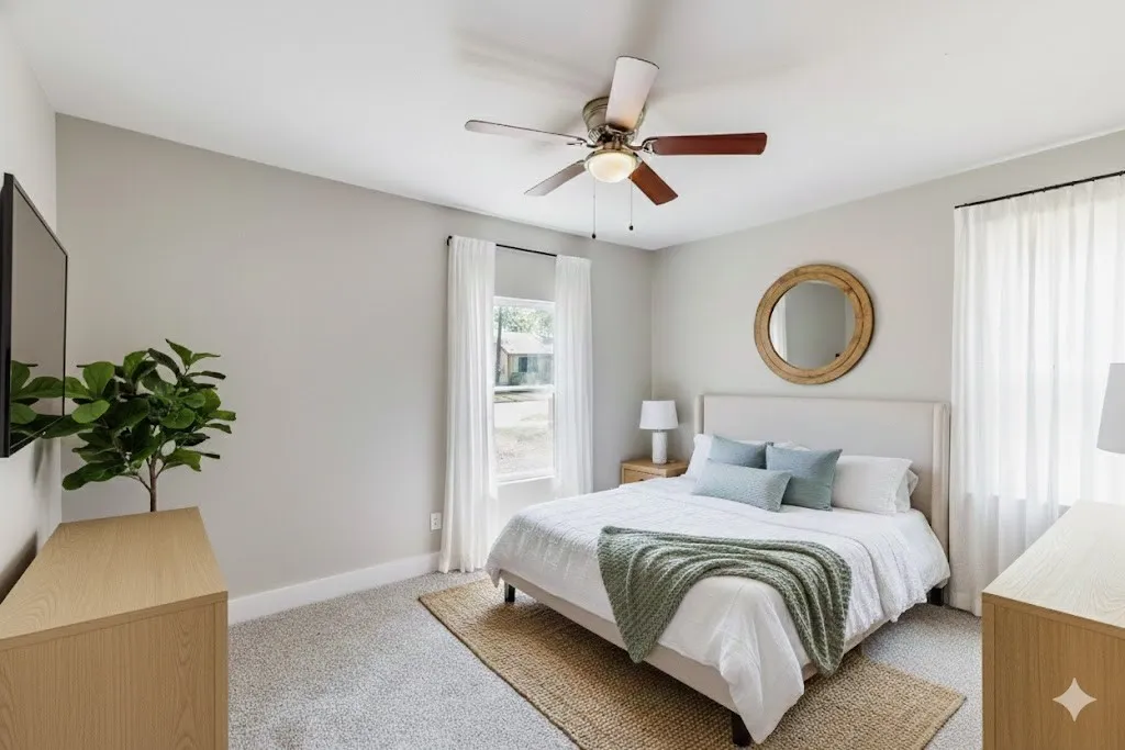 Bedroom with light carpet and a ceiling fan