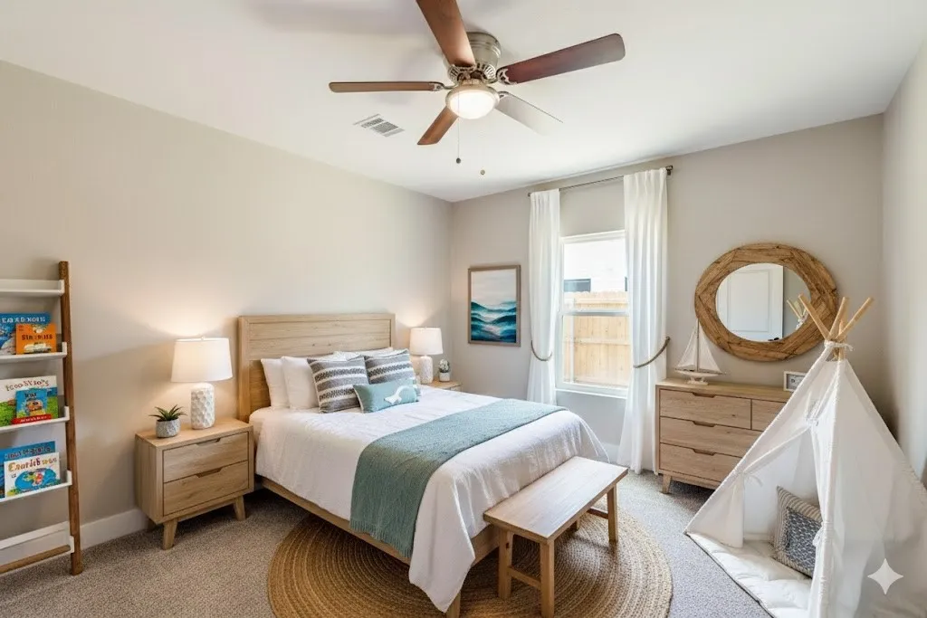 Carpeted bedroom with ceiling fan and baseboards