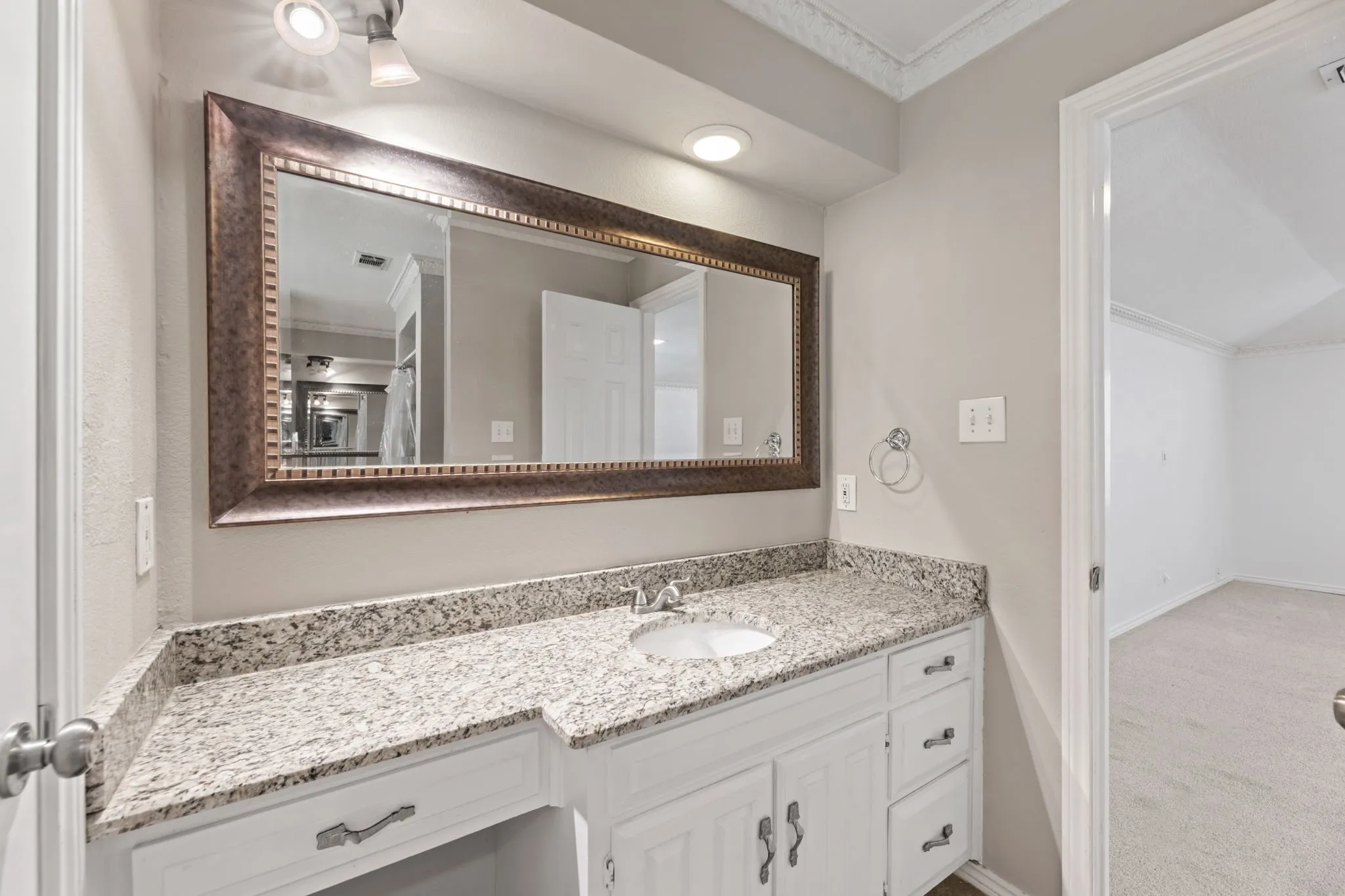 Bathroom with crown molding, vanity, and light carpet