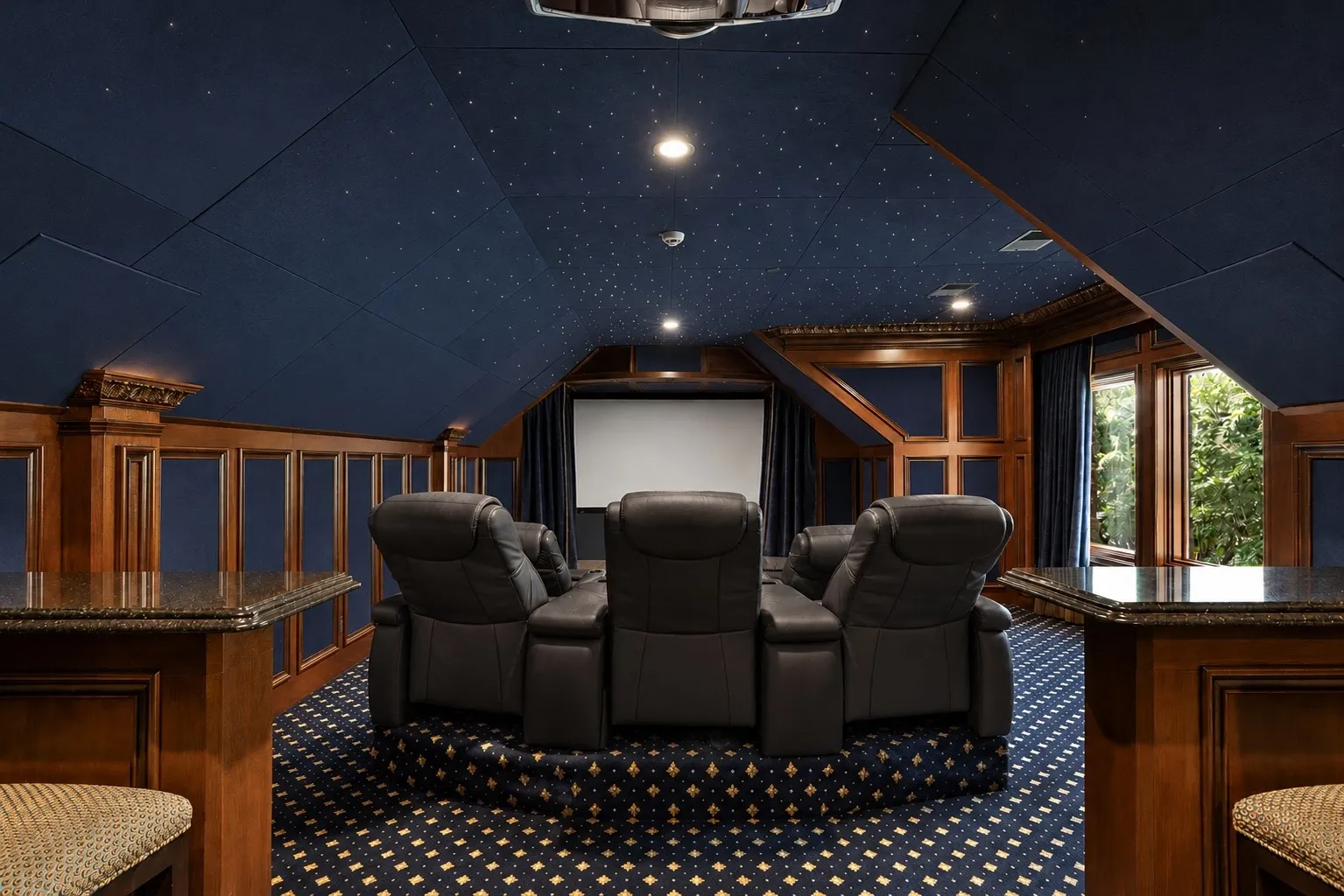 Soundproof second-floor media room and bar.