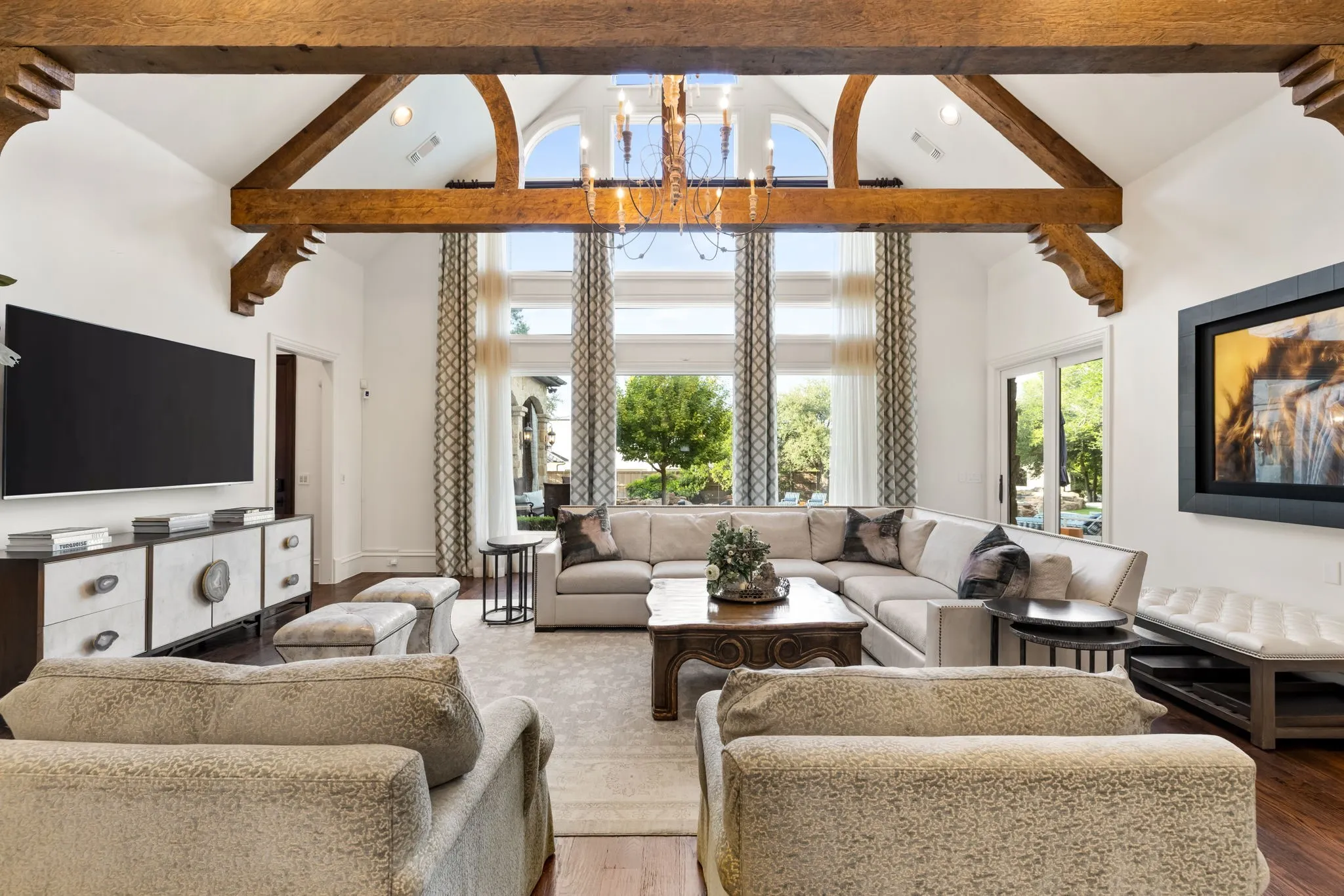 Great room with French doors opening to the backyard.