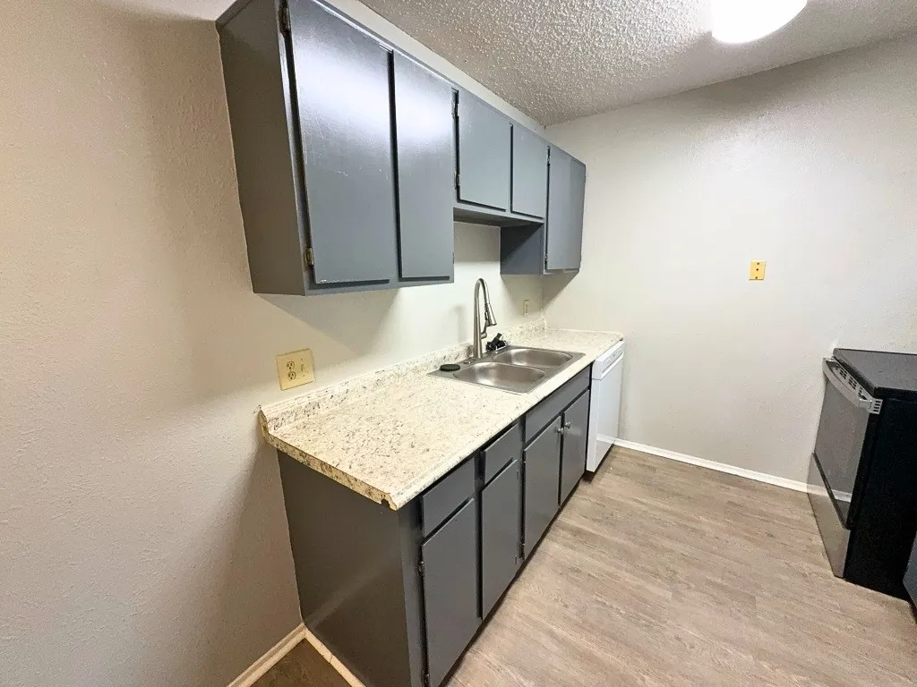 Kitchen with counter space and double-basin sink
