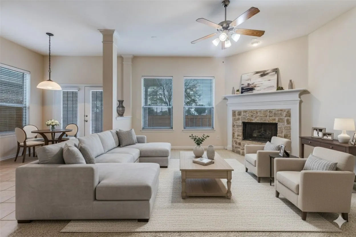 VIRTUALLY STAGED Living & dining area.  Imagine your large and comfy furniture in this space just made for movie night or family game night.