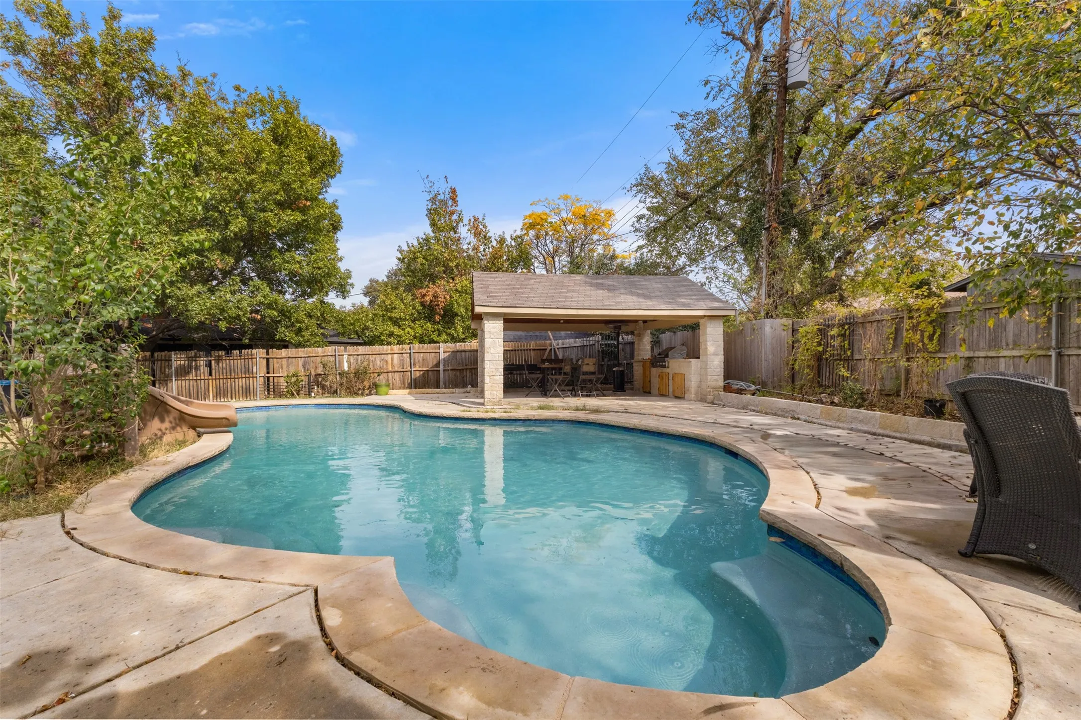 View of swimming pool featuring a fenced backyard and a patio area
