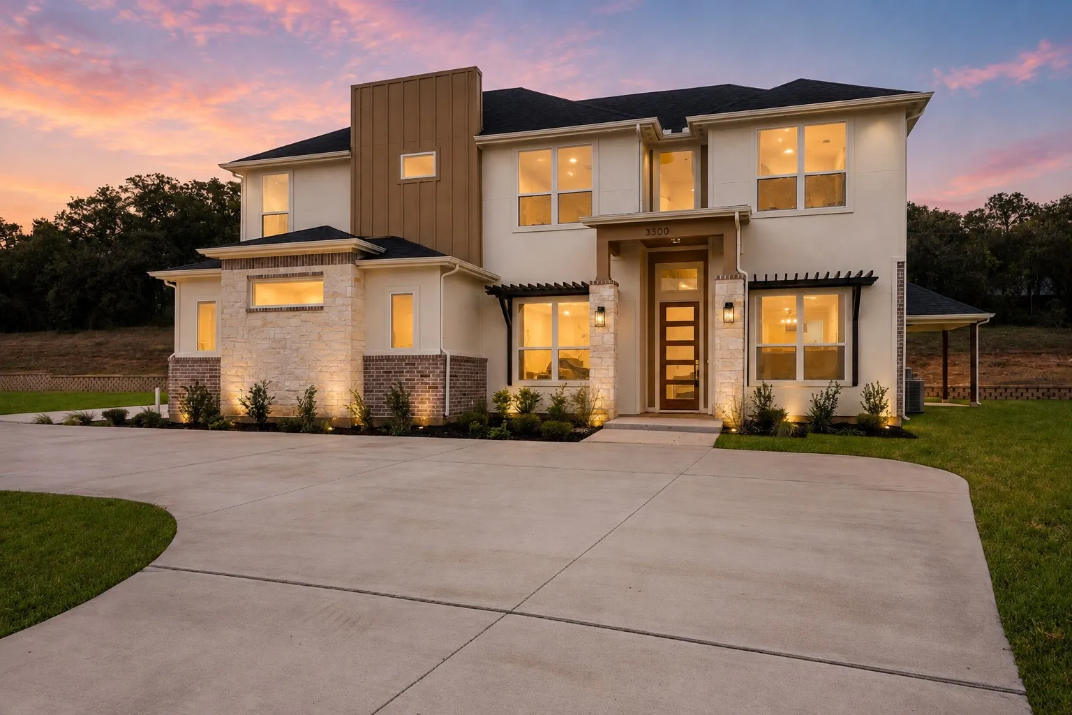 Contemporary exterior with stone and brick accents