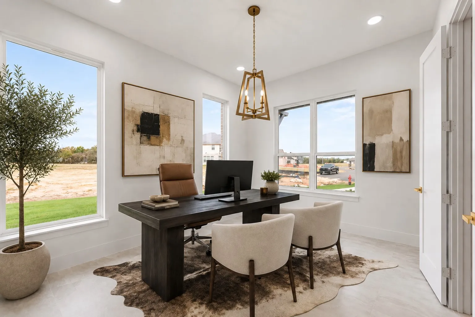 Bright interior space featuring multiple large windows, recessed lighting, and a prominent chandelier