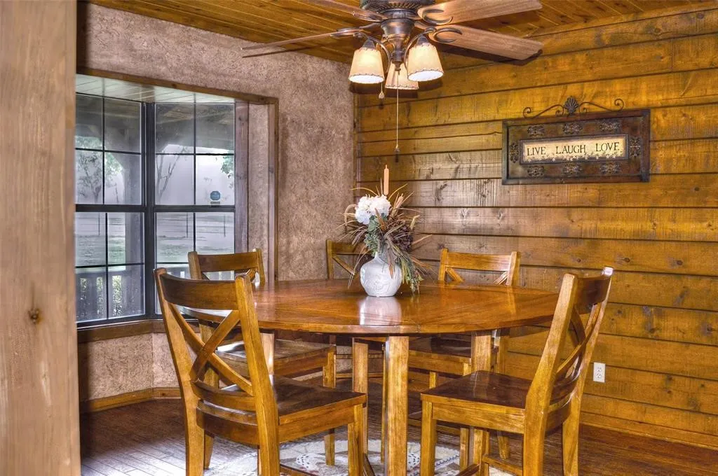 Dining area with wooden ceiling, a ceiling fan, wood-type flooring, and wooden walls