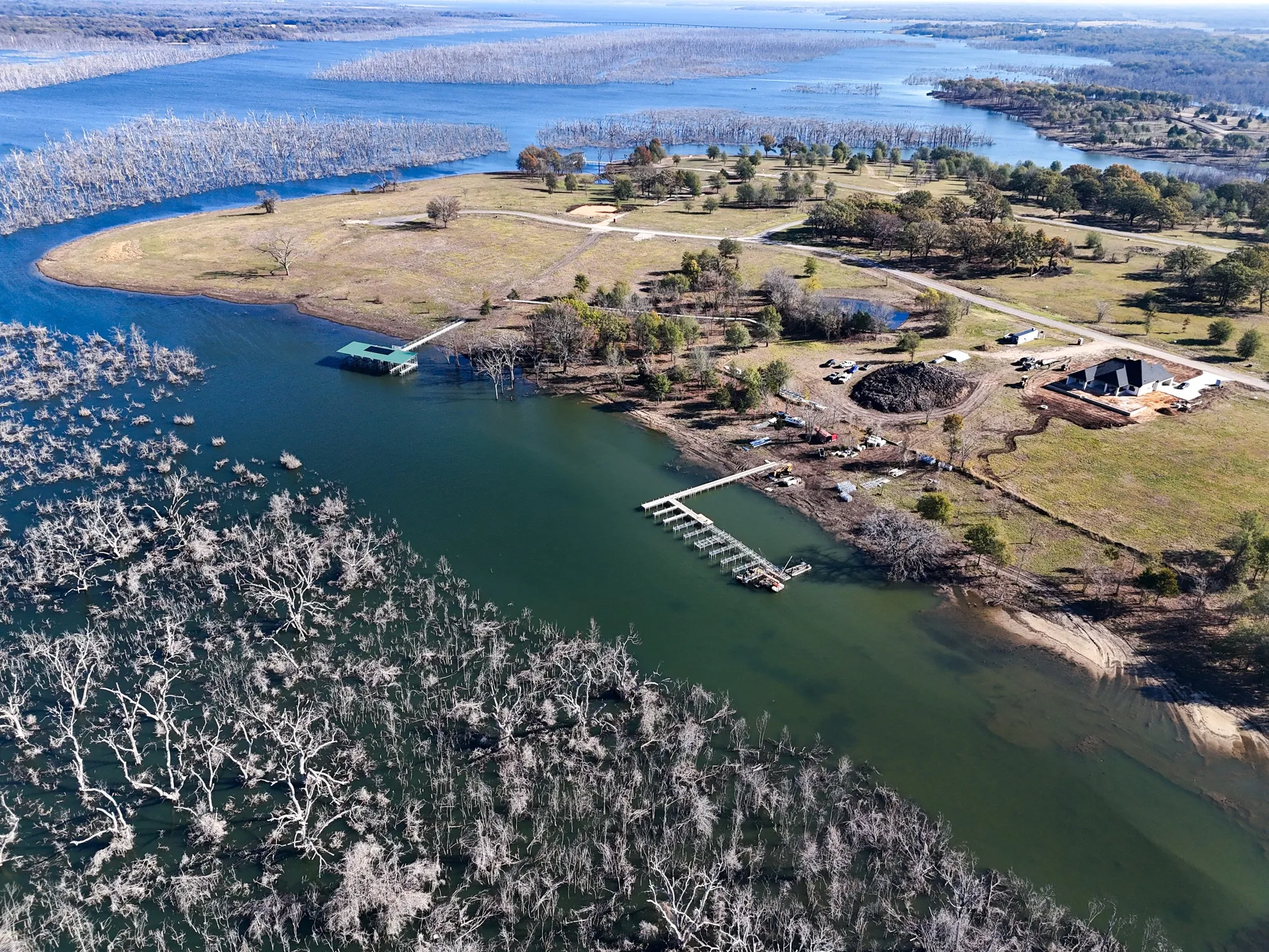 Aerial view of a nearby body of water