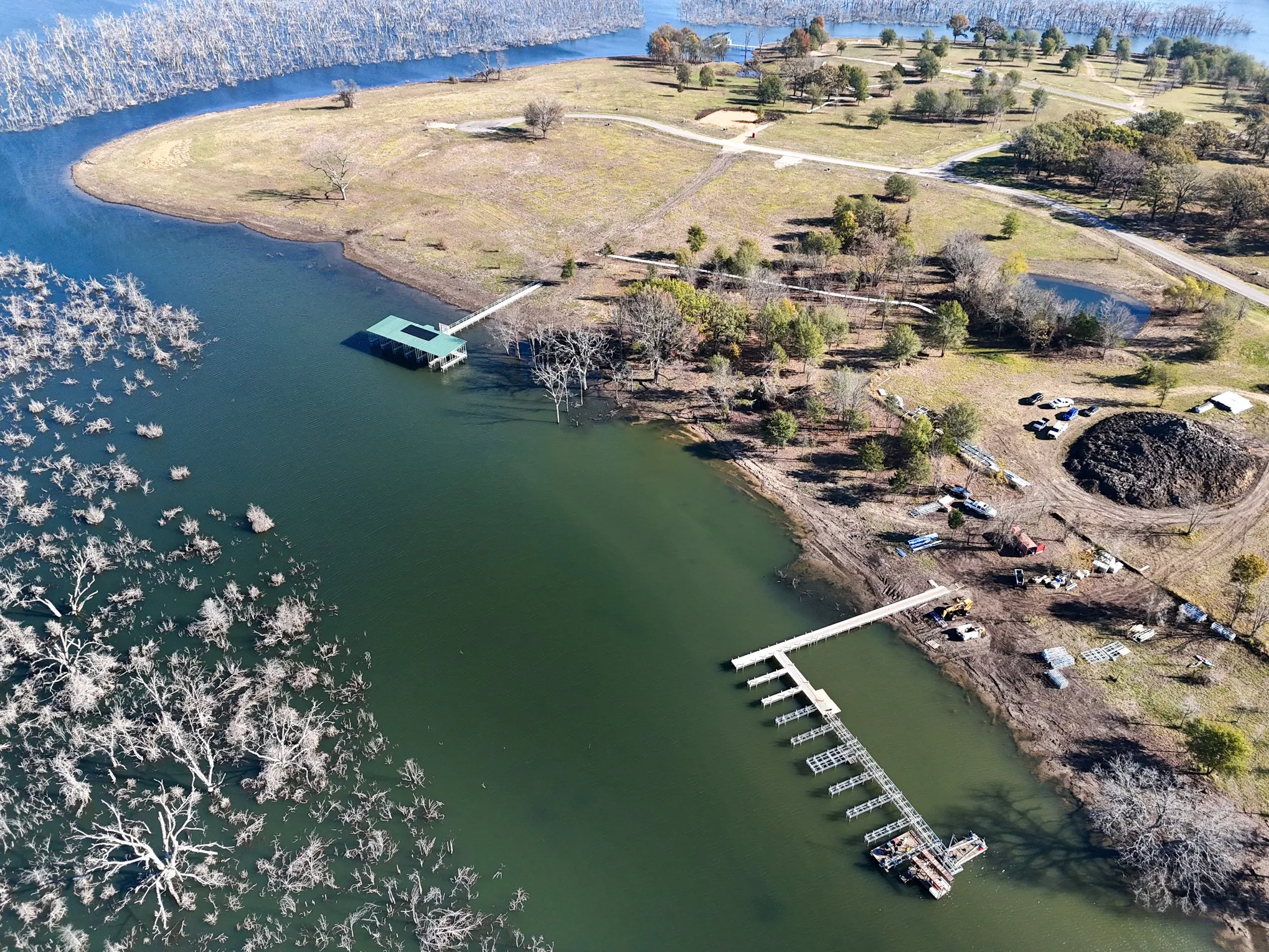 Aerial view of a nearby body of water