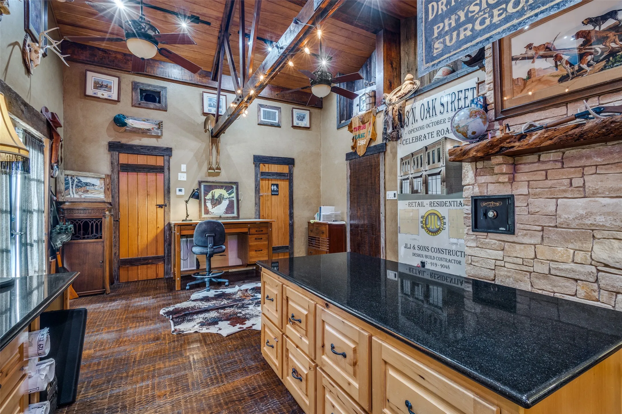 Shot from the office work station area, full bath entry back right.
