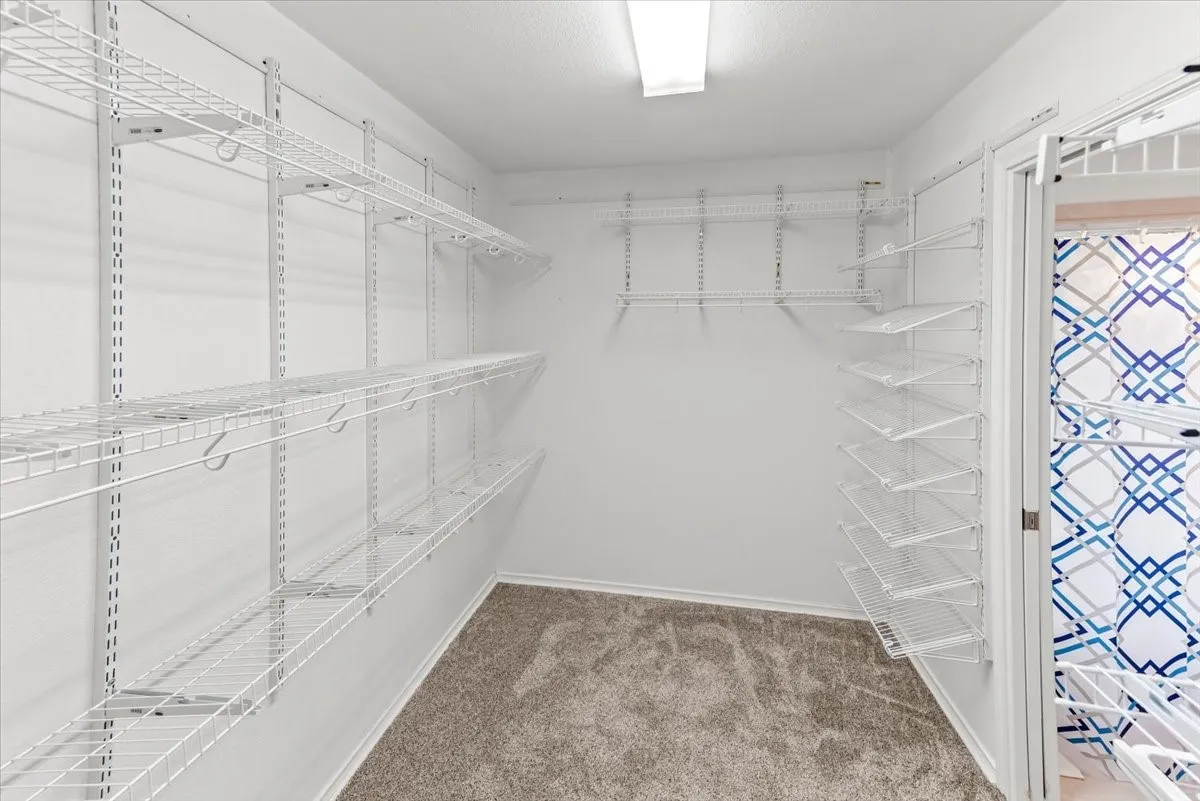 Primary Walk in closet with light colored carpet