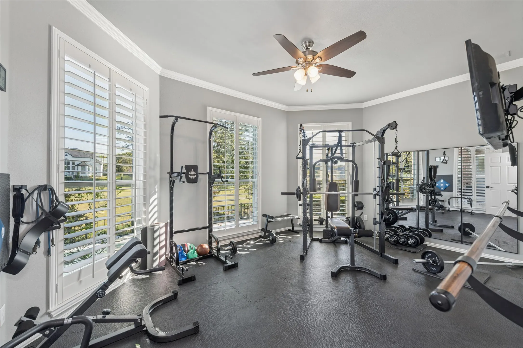 Workout area featuring crown molding and ceiling fan