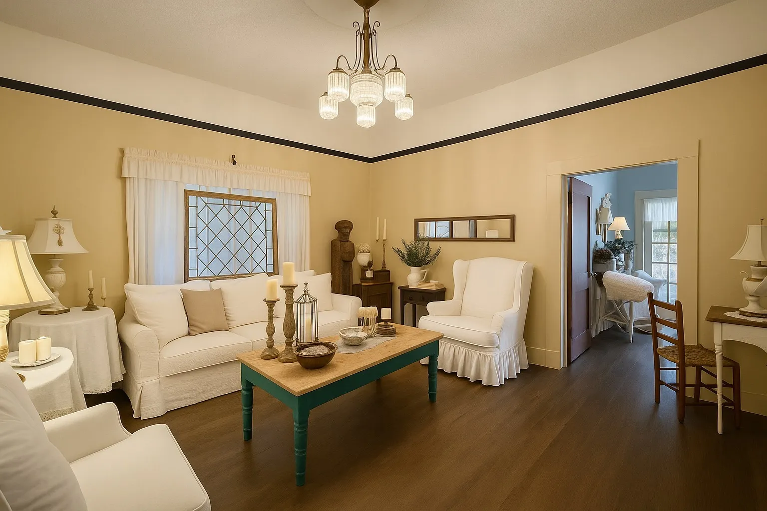Living room featuring dark wood finished floors and a chandelier