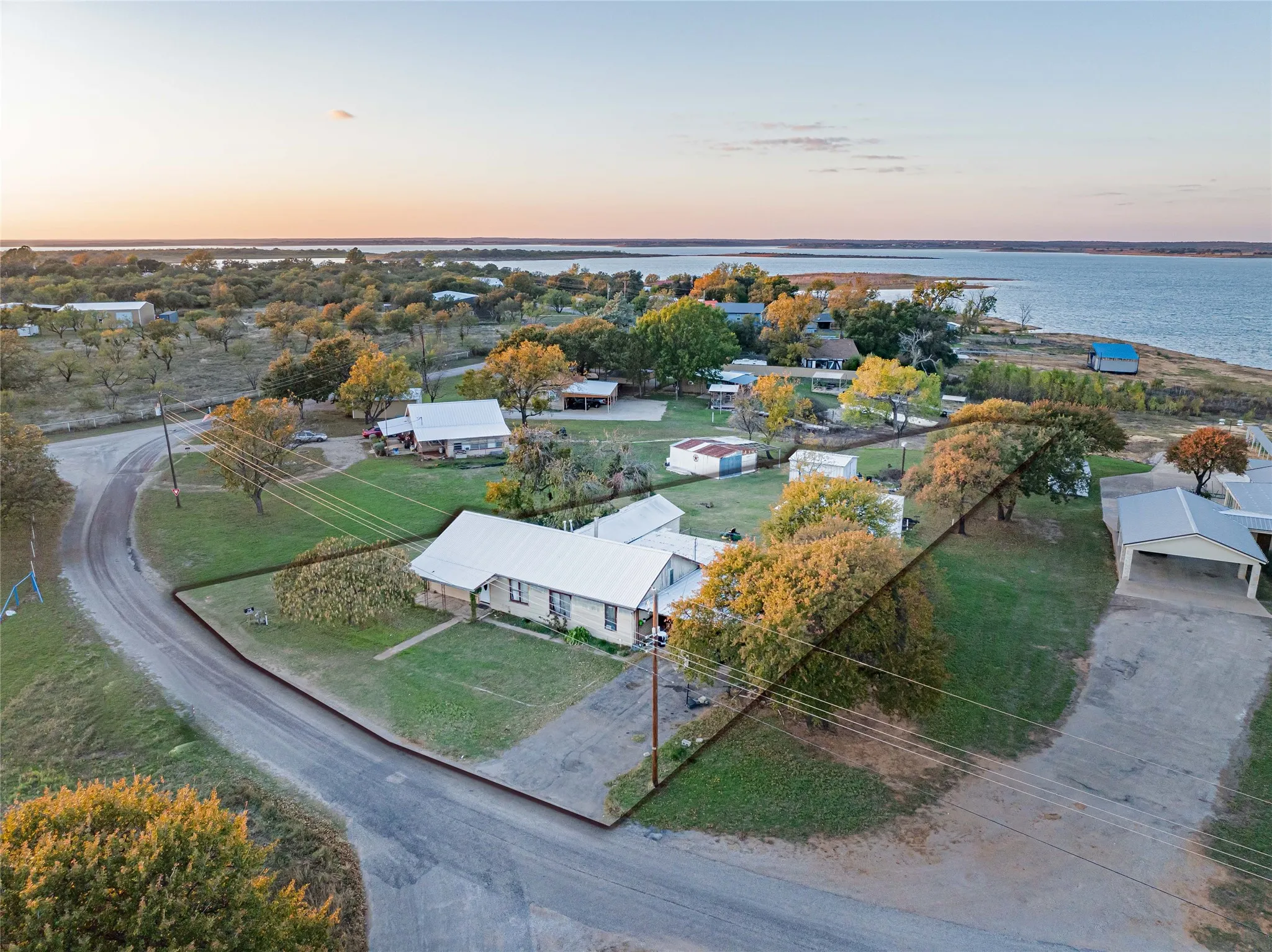 Aerial view of a nearby body of water
