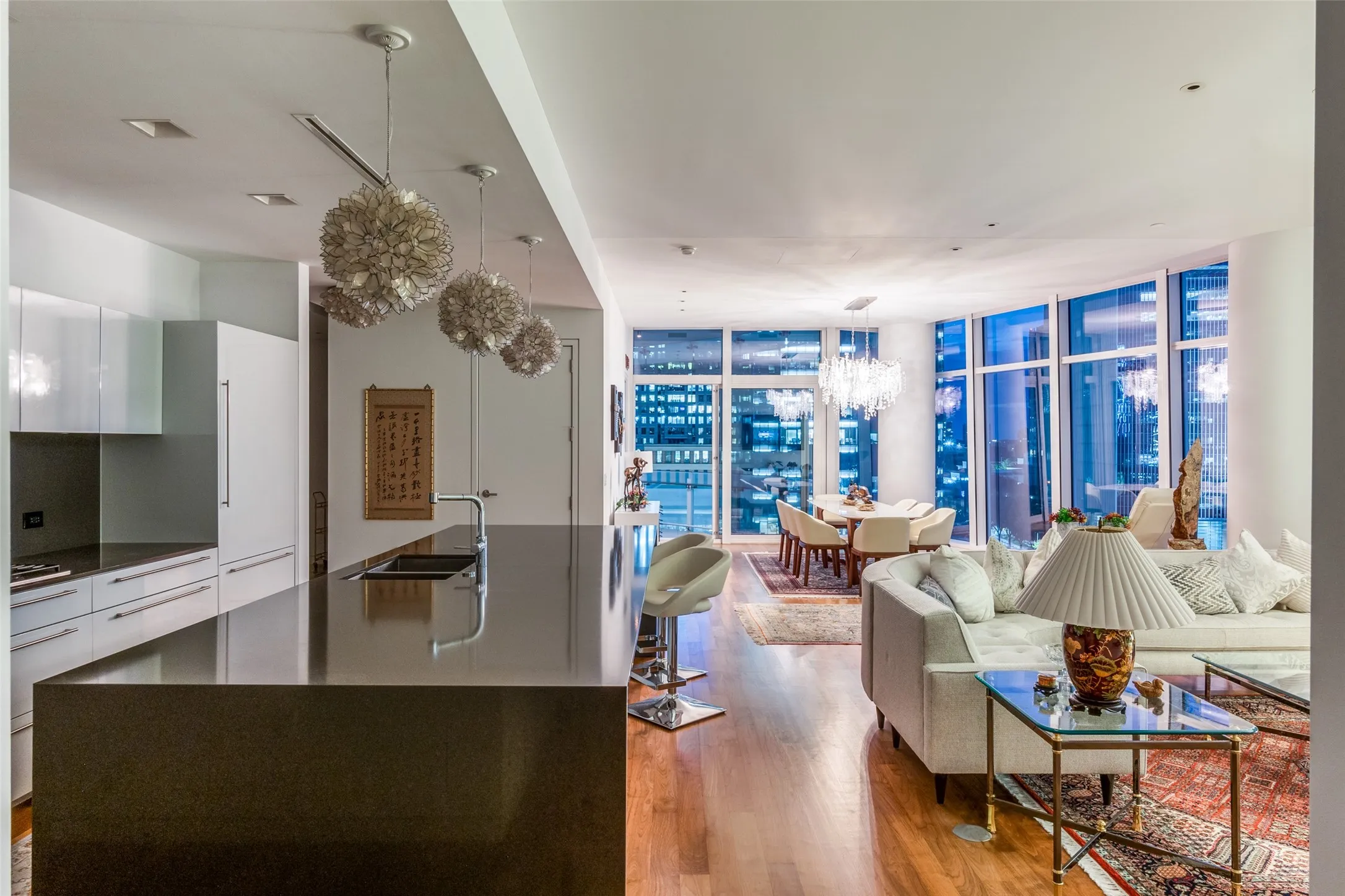 Kitchen and Living Room at Night