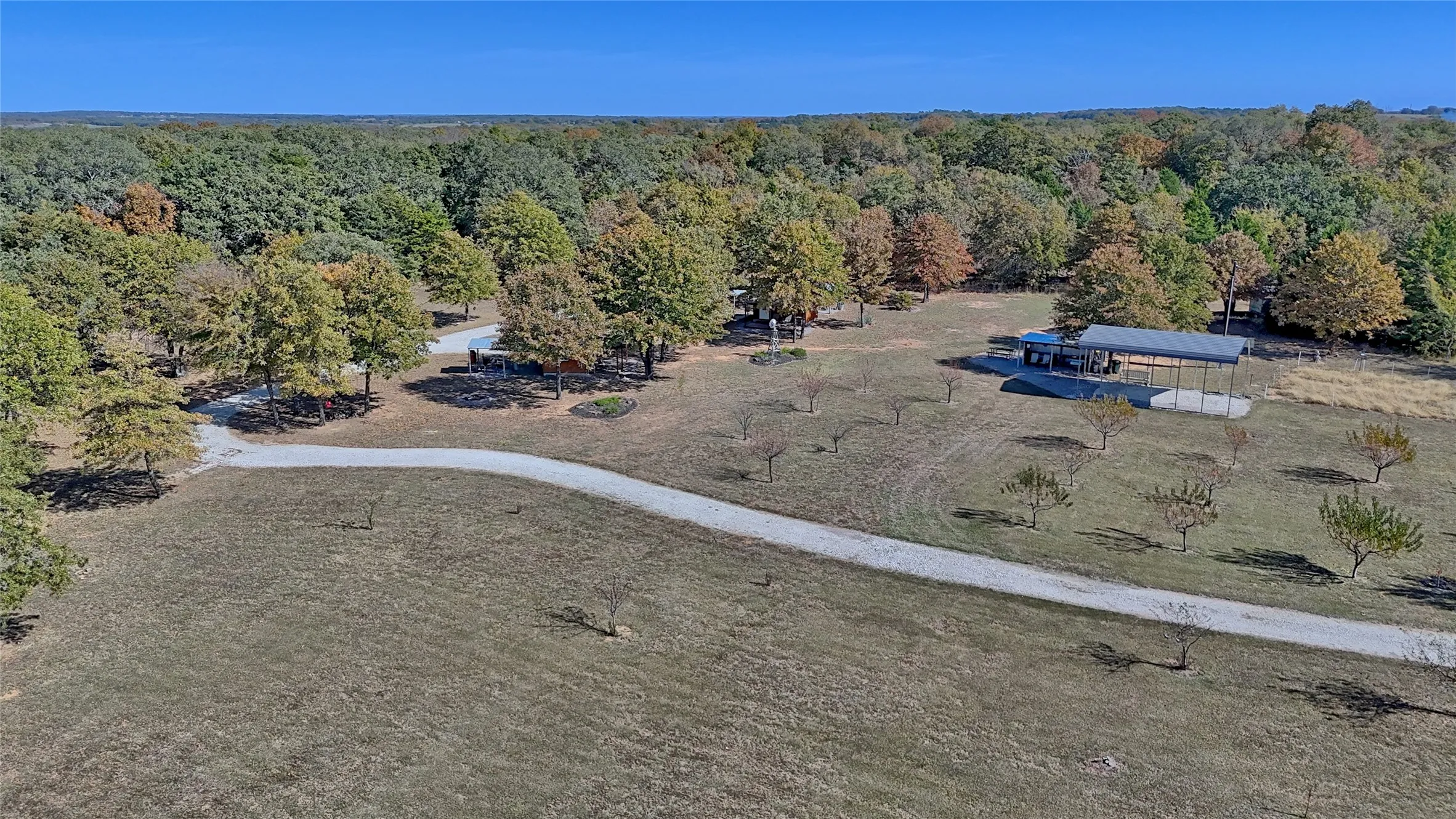 View of the fruit trees, RV carport, bath house and cabins.  Gravel driveway to access