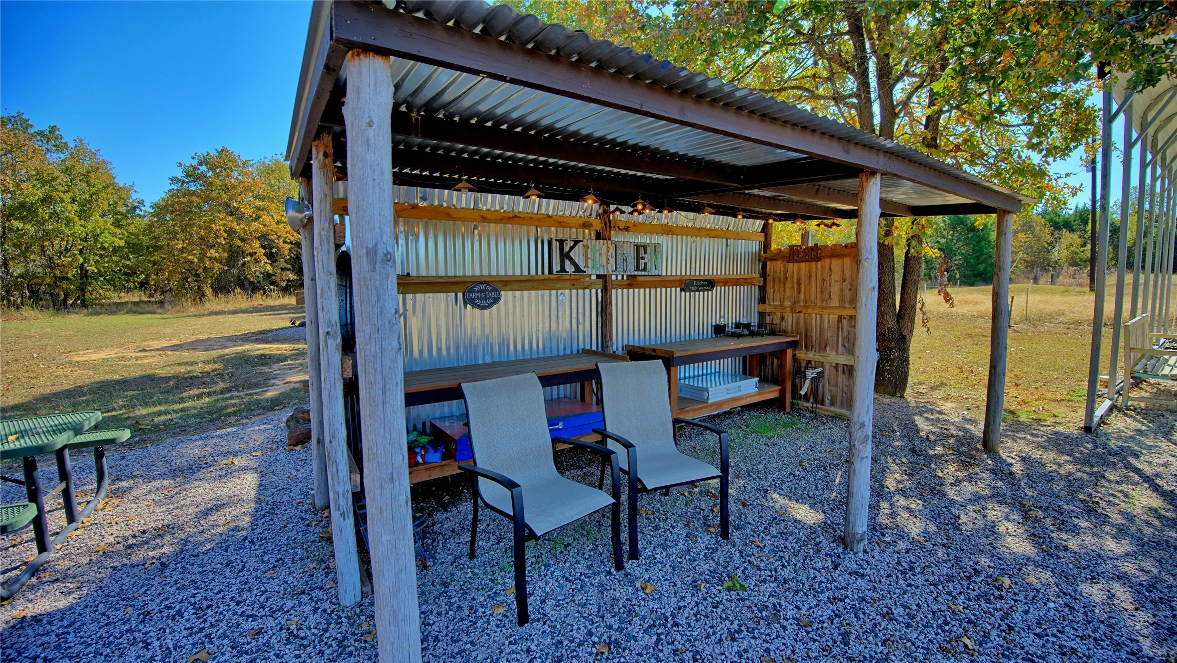 Outdoor kitchen located between bath house and RV covered parking. Prep station, two burner electric hot plate and electricity on site.