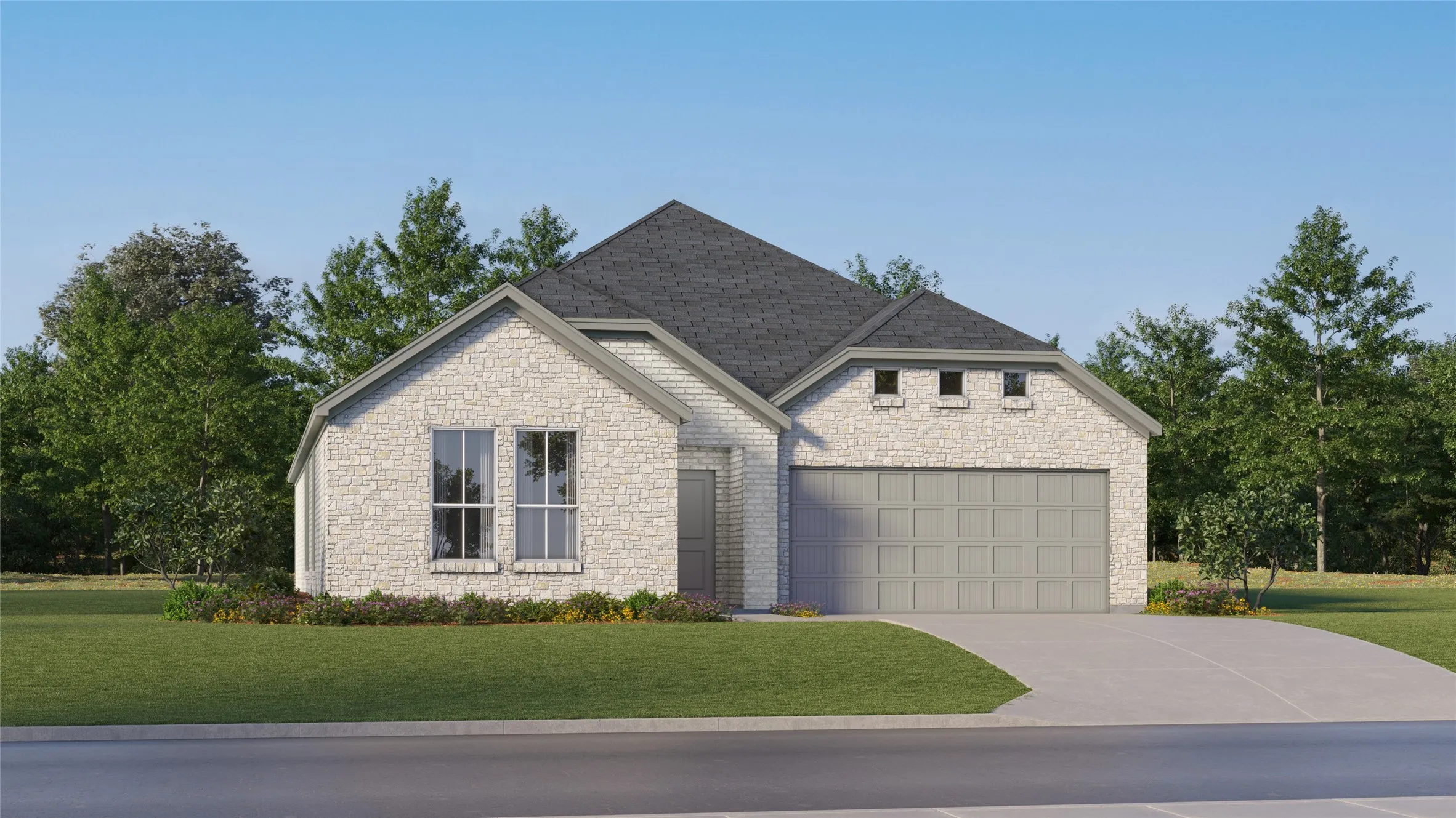 View of front of house featuring stone siding, a front yard, concrete driveway, a garage, and a shingled roof