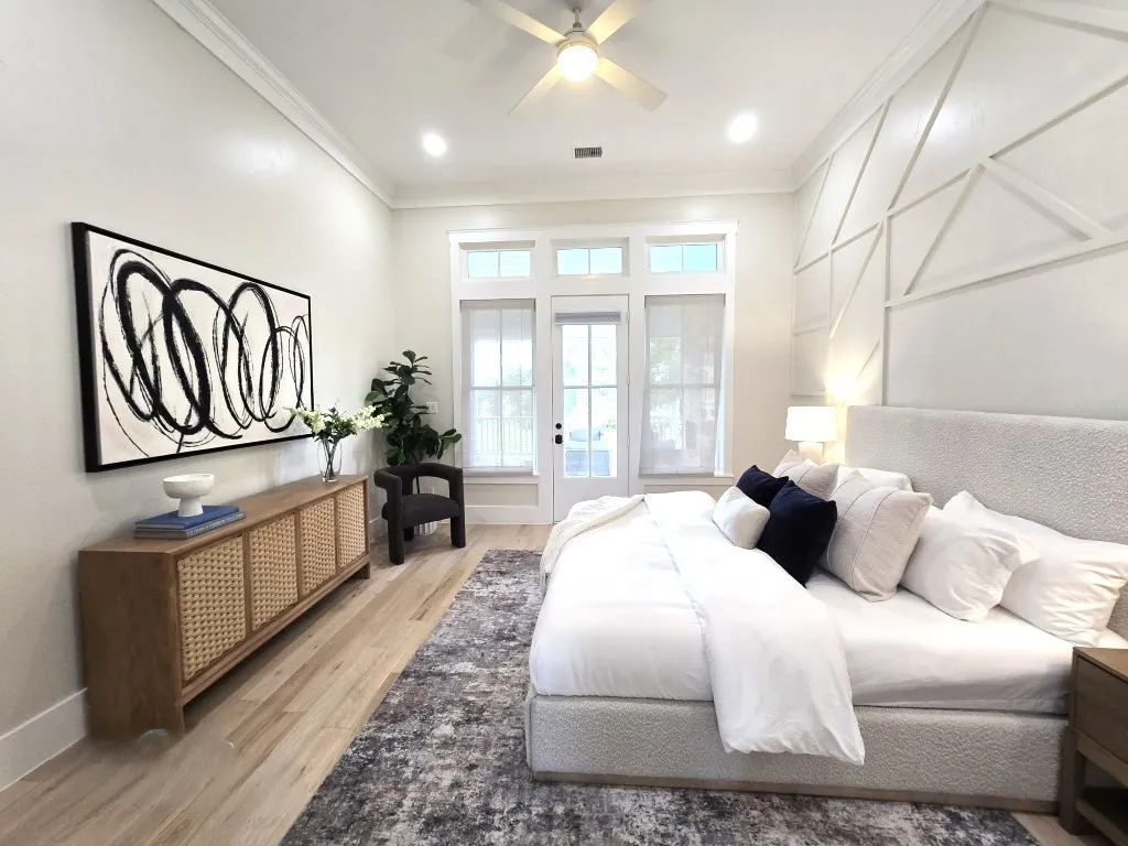 access to upper covered porch from bedroom area, light and airy