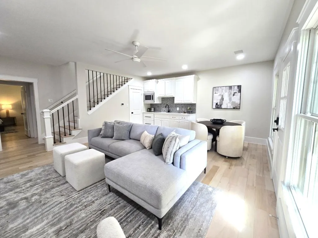 room for small frig, area set up with microwave offering guests alternatives for comfort
