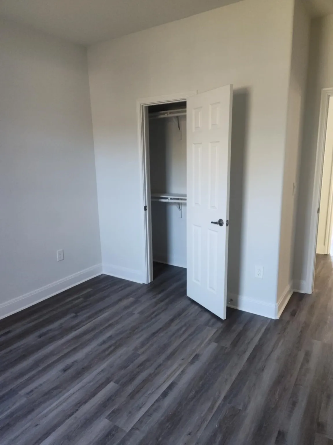 Unfurnished bedroom featuring dark wood-type flooring and a walk in closet