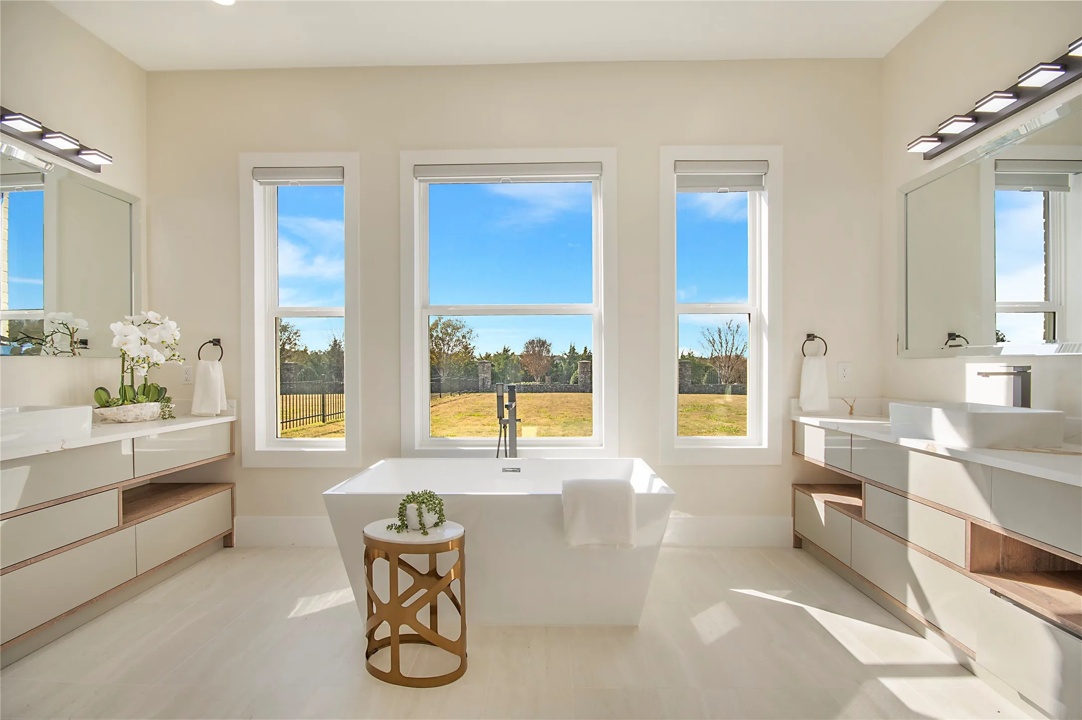 Bathroom featuring vanity, a freestanding bath, and healthy amount of natural light