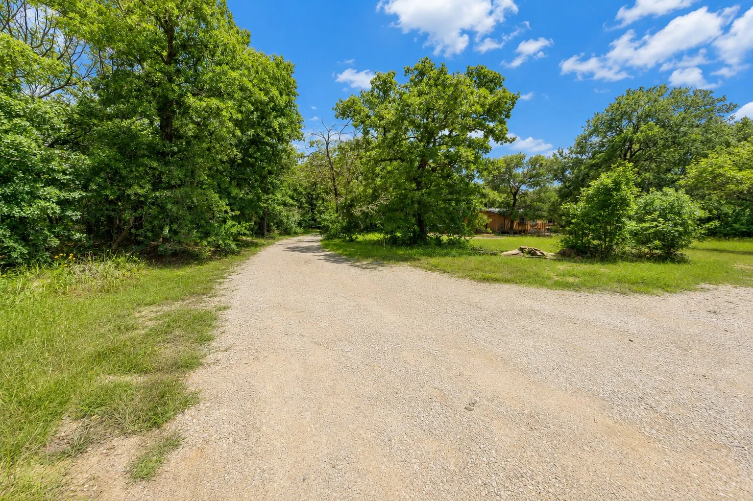 Expansive gravel driveway bordered by lush green foliage and mature trees