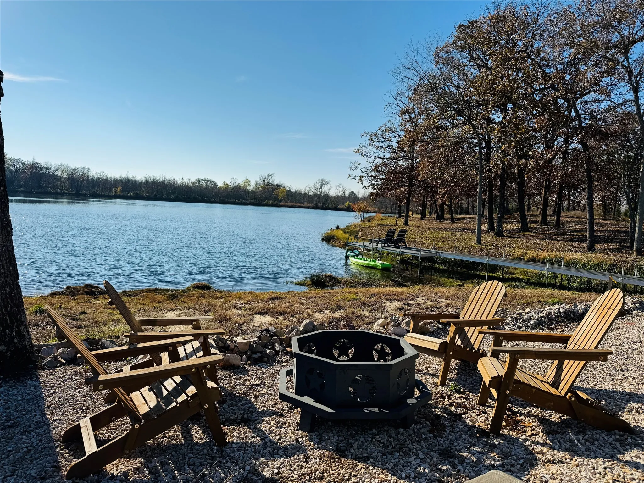 Water view with a fire pit