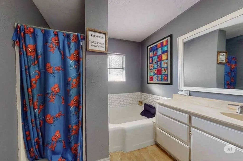 Bathroom with a bath, vanity, a stall shower, and a textured ceiling