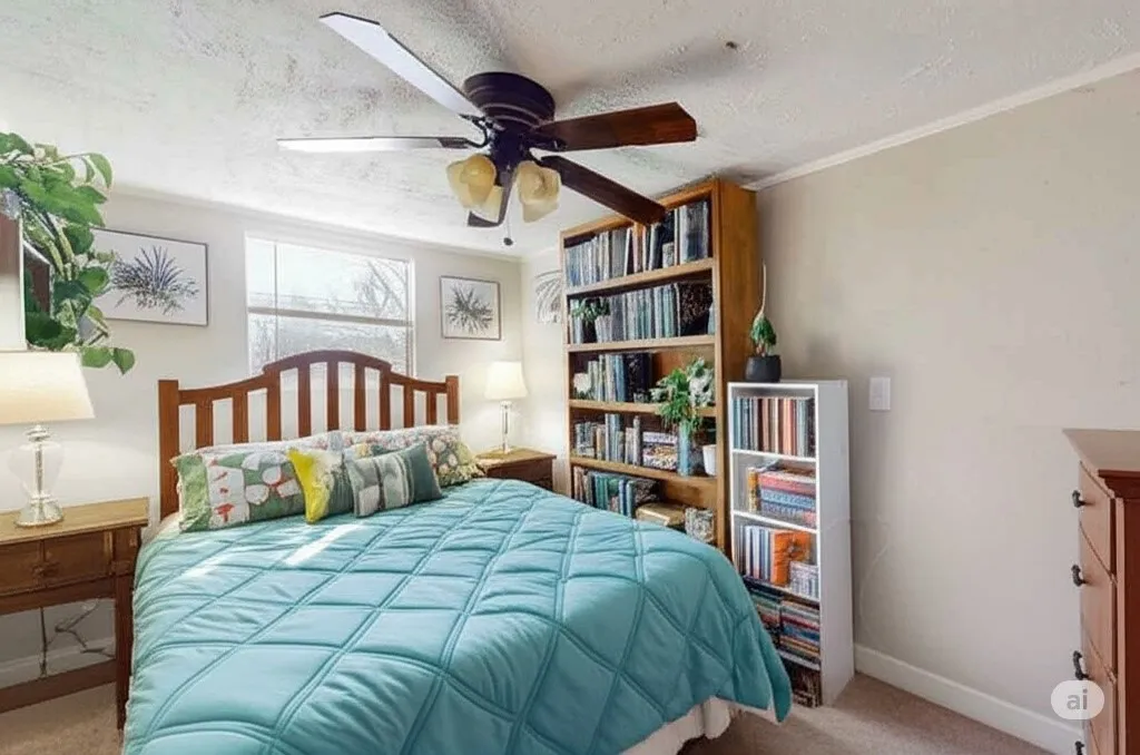 Bedroom with carpet, a textured ceiling, a ceiling fan, and ornamental molding