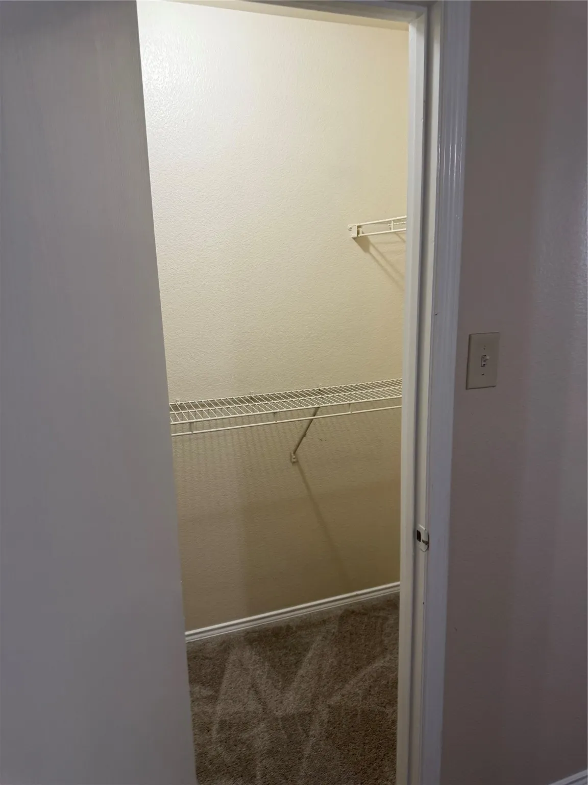 Walk in closet with dark colored carpet