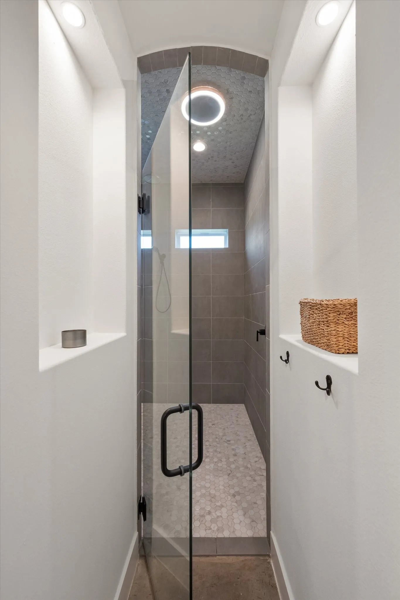 Full bath with a stall shower and recessed lighting