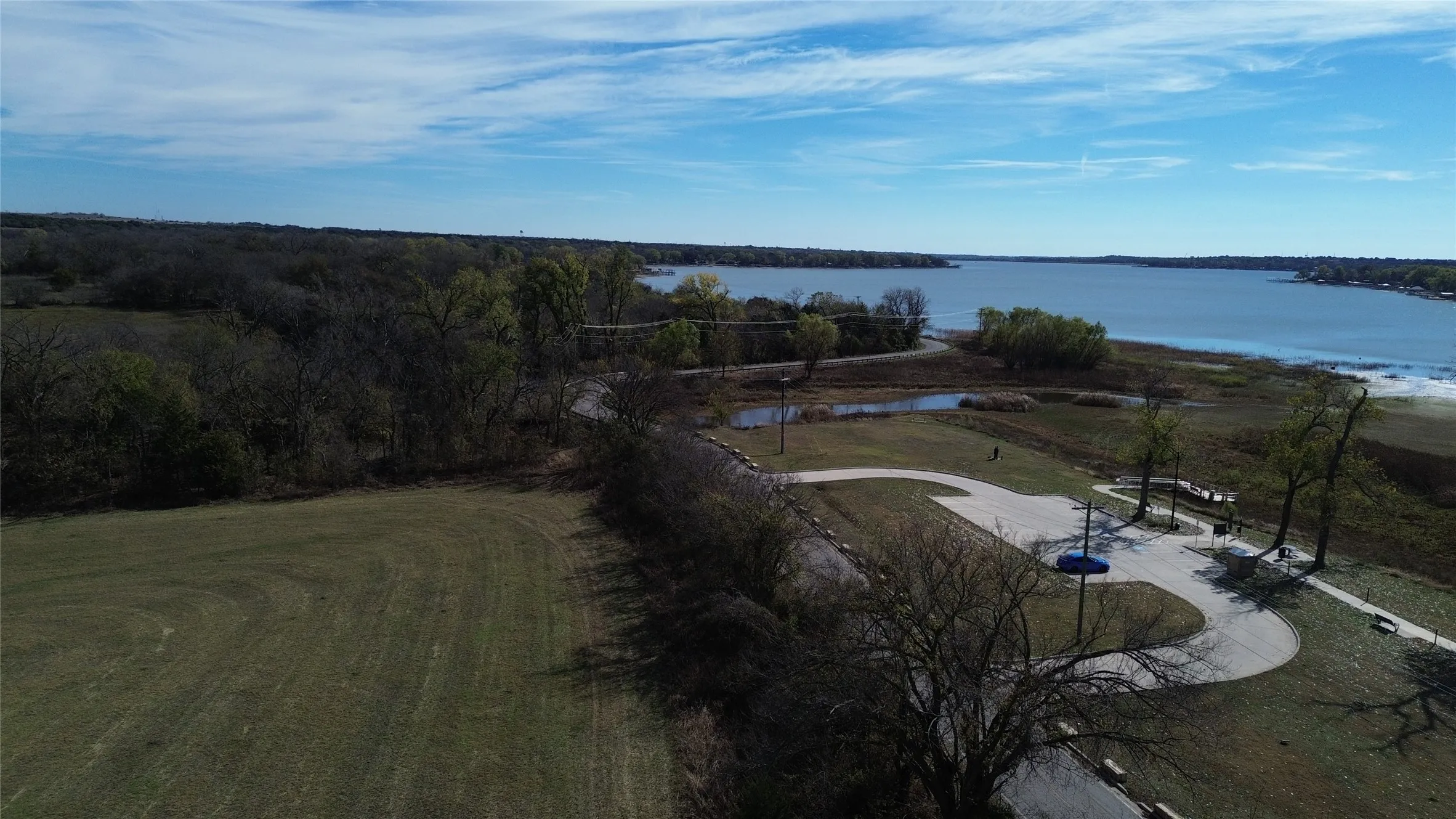 Aerial view of a nearby body of water