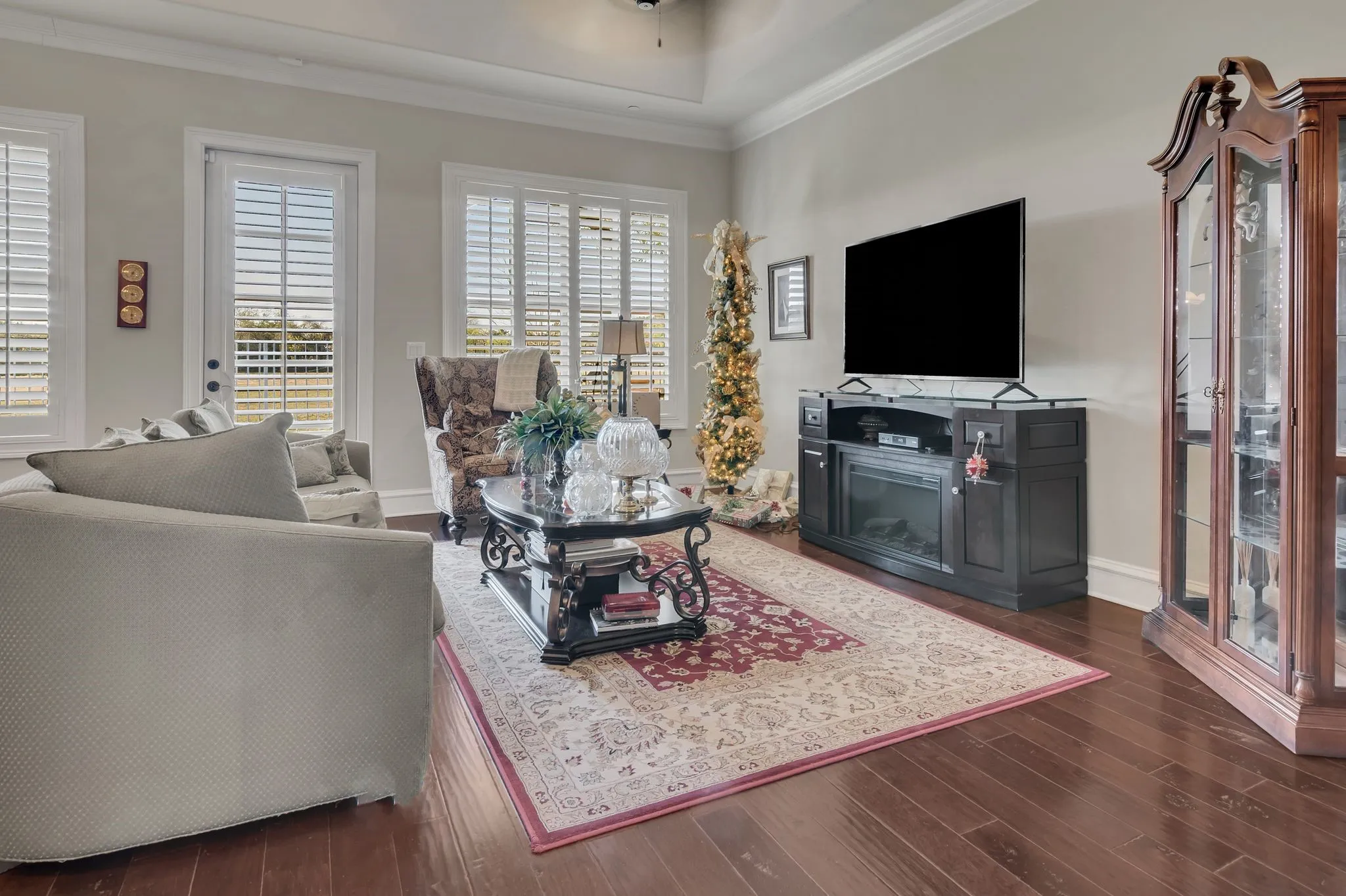 Living area with dark wood finished floors, crown molding, ceiling fan, and a raised ceiling