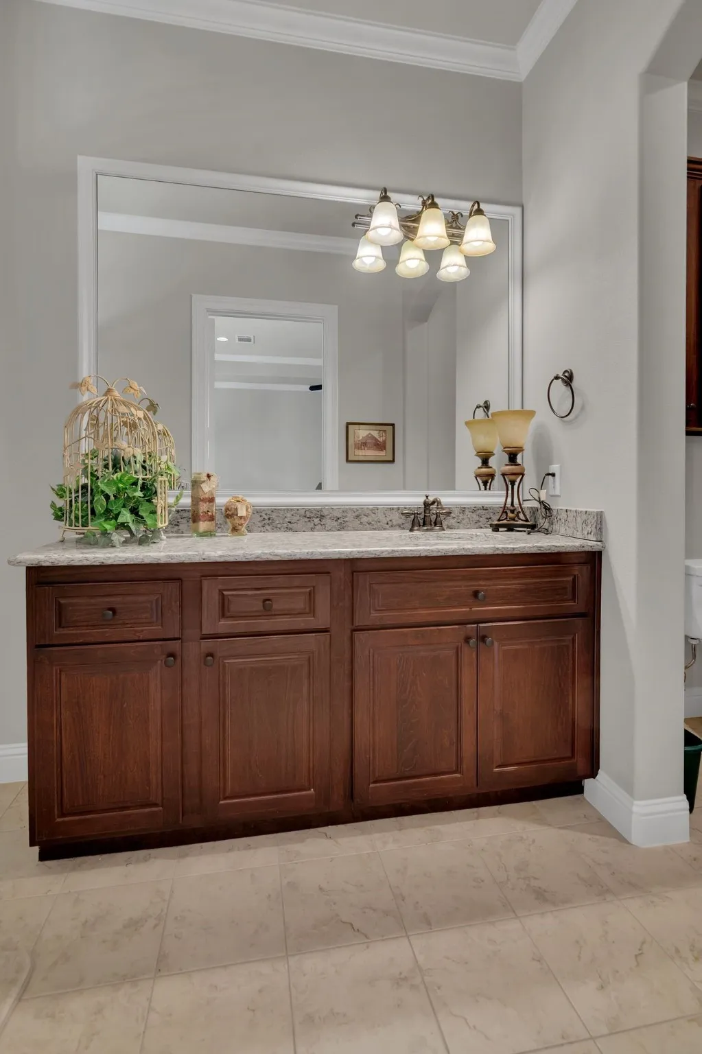 Full bathroom with vanity and crown molding.