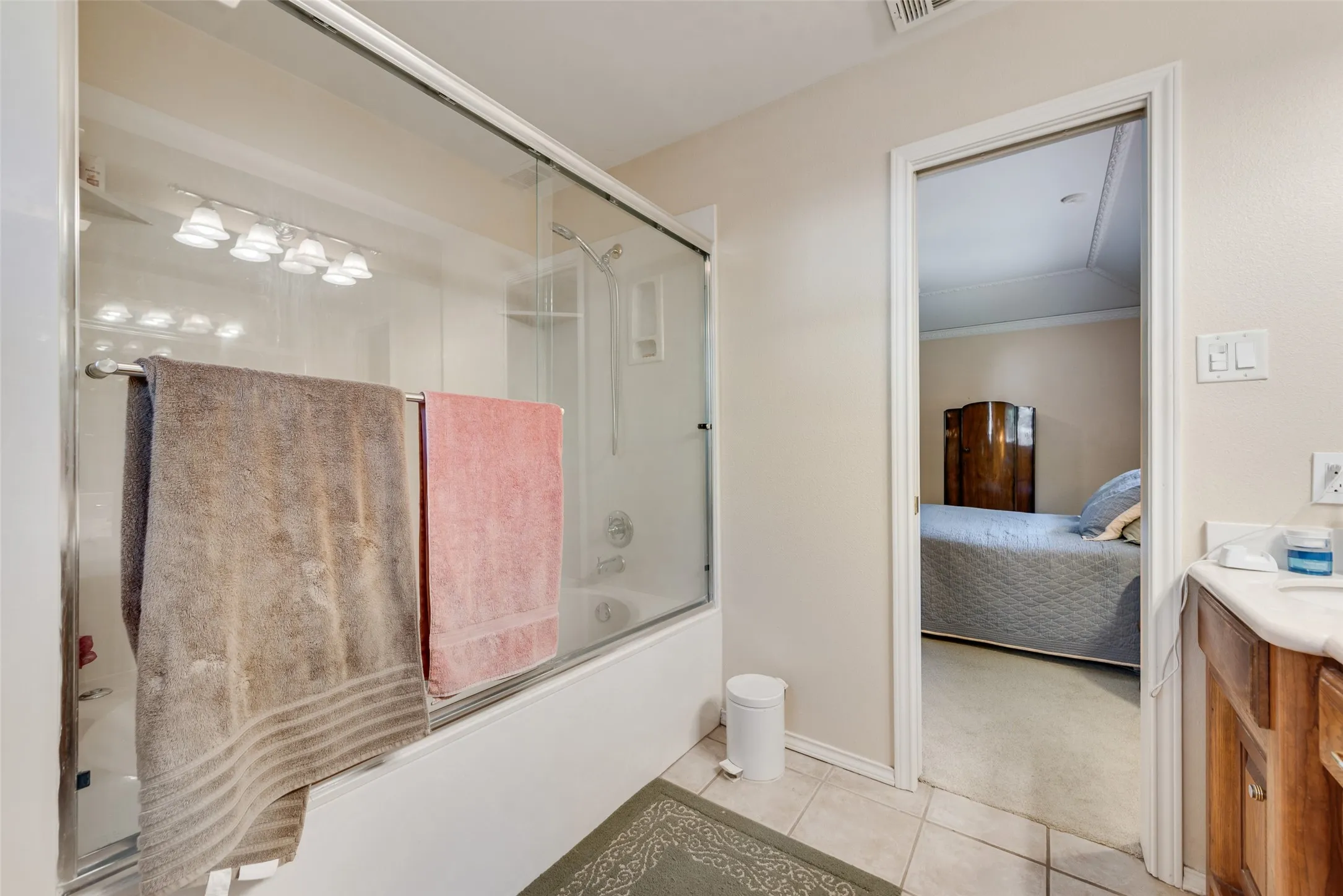 Primary bathroom features double sinks as well as a jetted tub