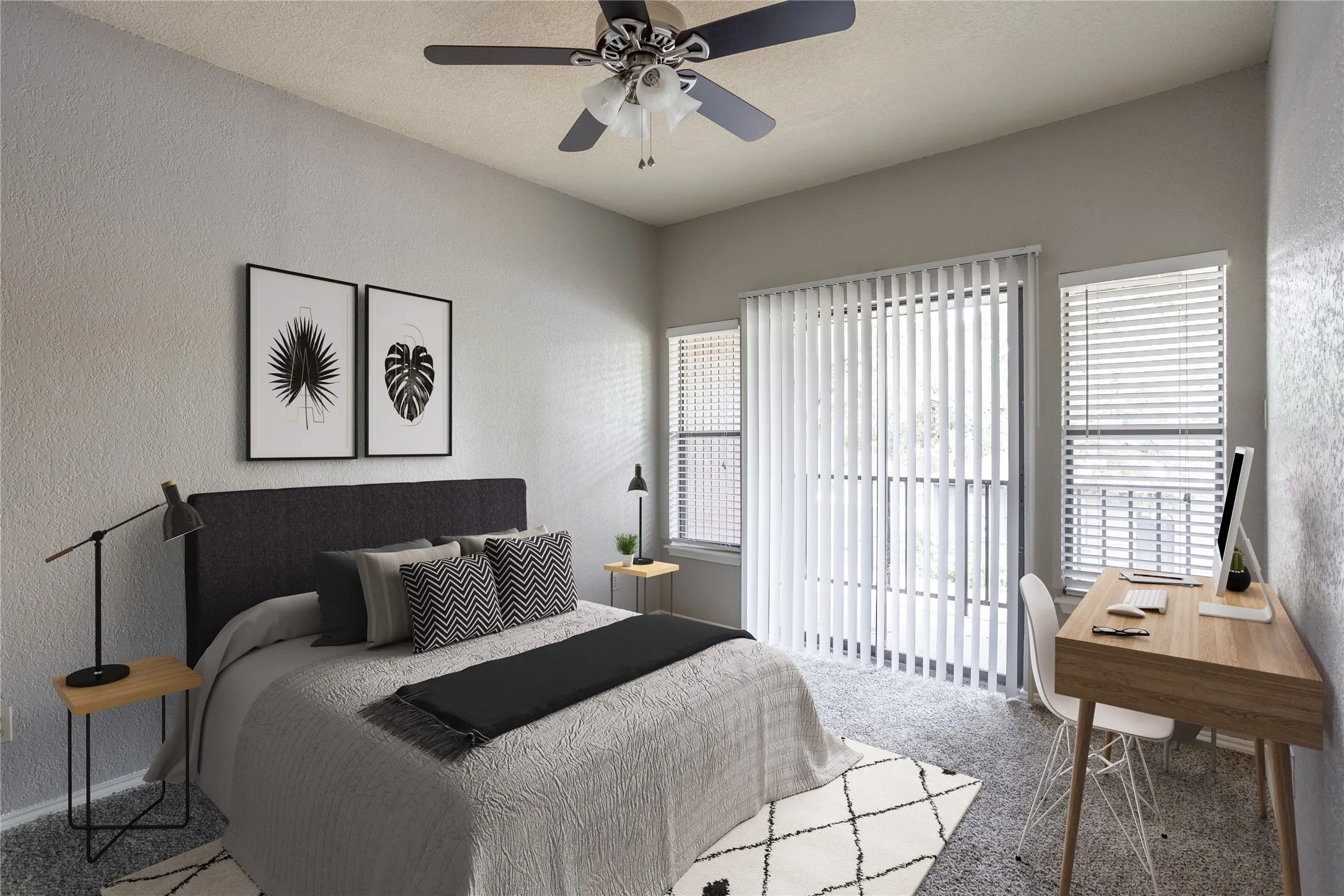Carpeted bedroom featuring a textured wall, access to outside, ceiling fan, a desk, and a textured ceiling
