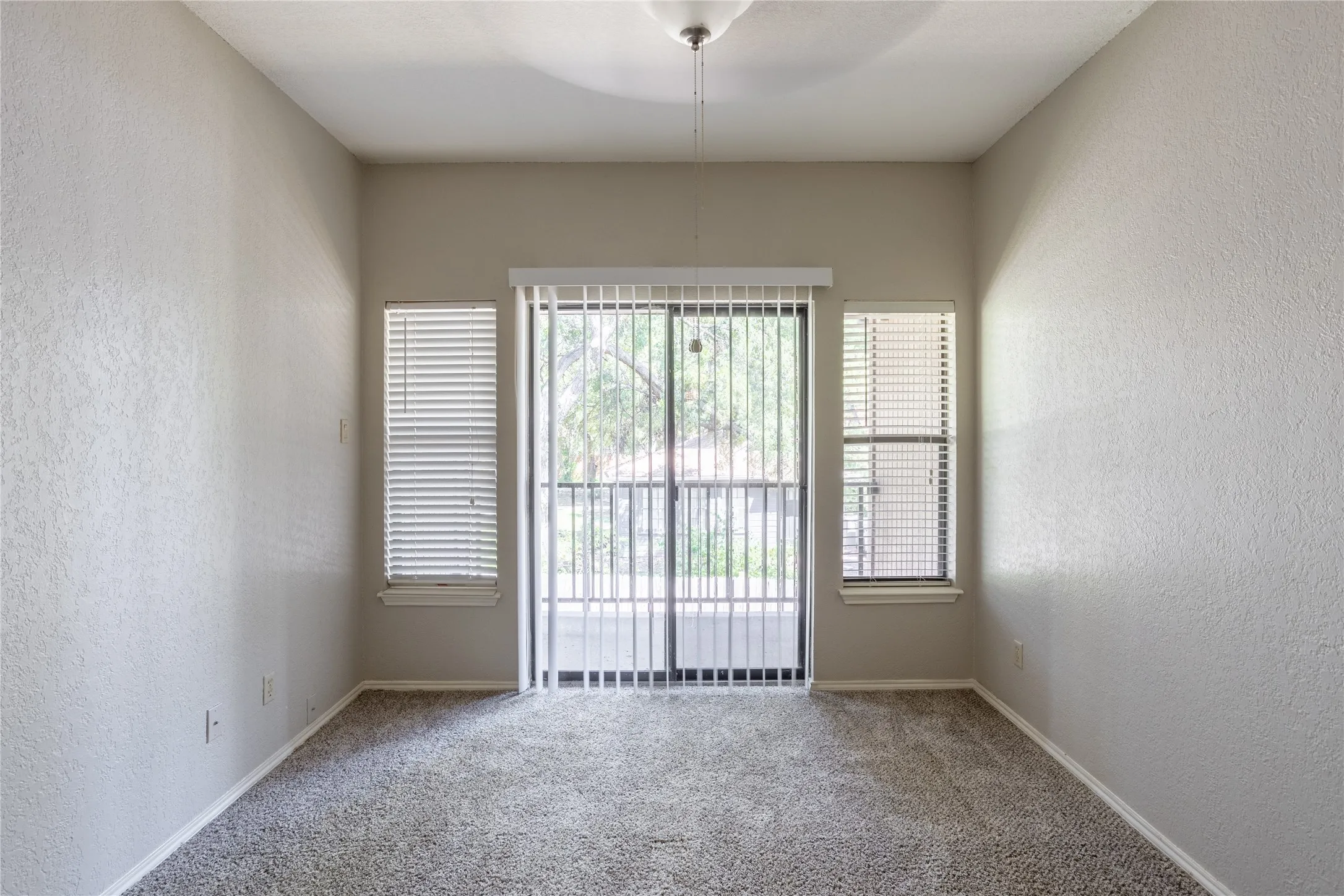 Spare room with a textured wall and carpet
