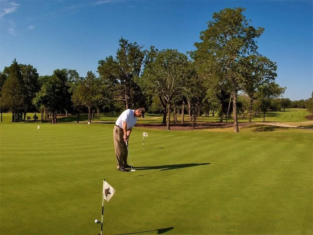 View of home's community with view of wooded area and an area to practice putting