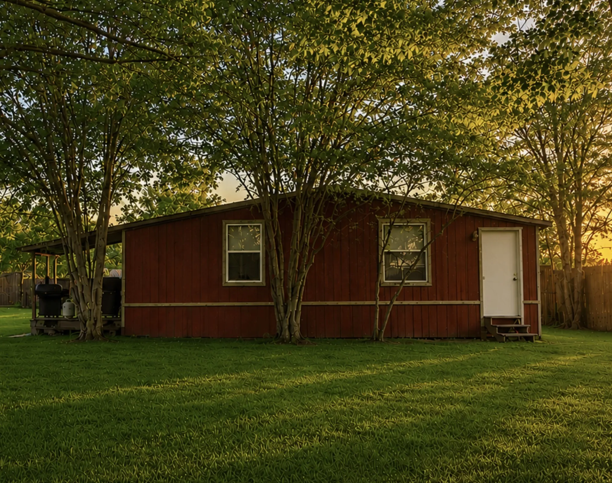 Virtual Sunrise Photo. 129 Dunbar. Red exterior structure with a covered side porch, multiple windows, and a white entry door