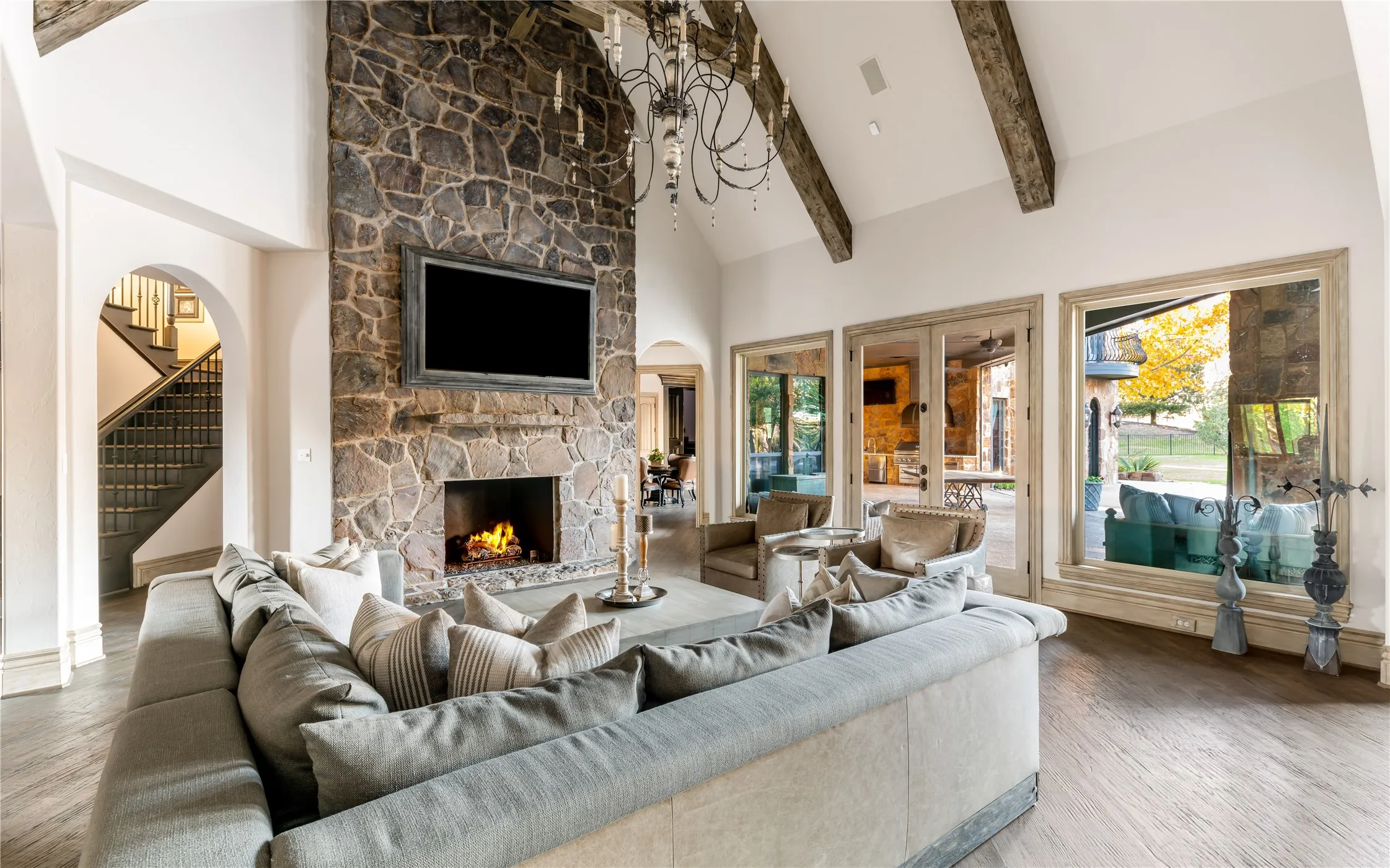 View of the flagstone fireplace