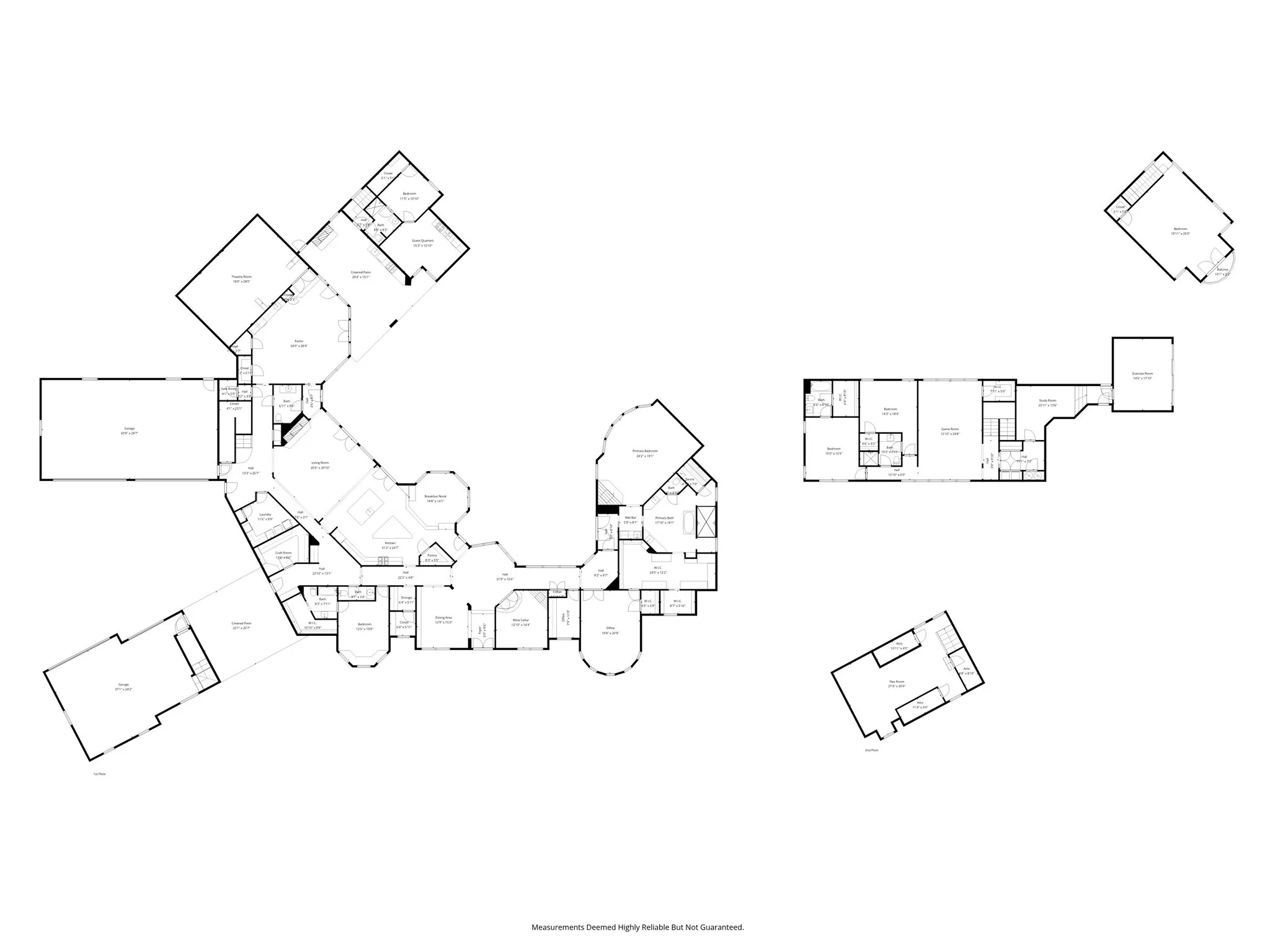 Floor plan with views of main home, guest home, garages, and finished garage space
